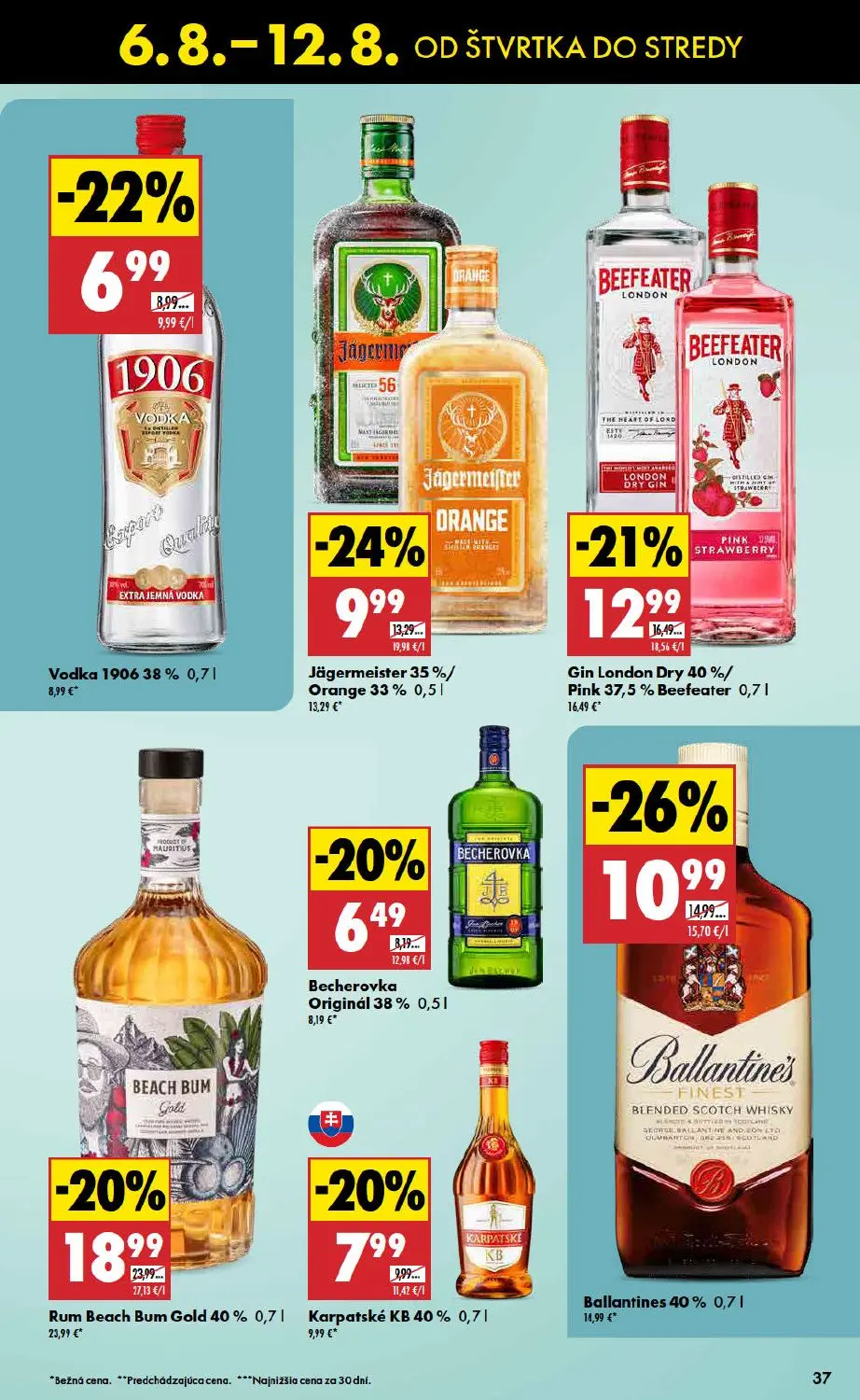 Biedronka leták, strana 37 z 48 — Rum Beach Bum Gold 40%, Ballantines 40%, Gin London Dry 40%/ Pink 37,5% Beefeater