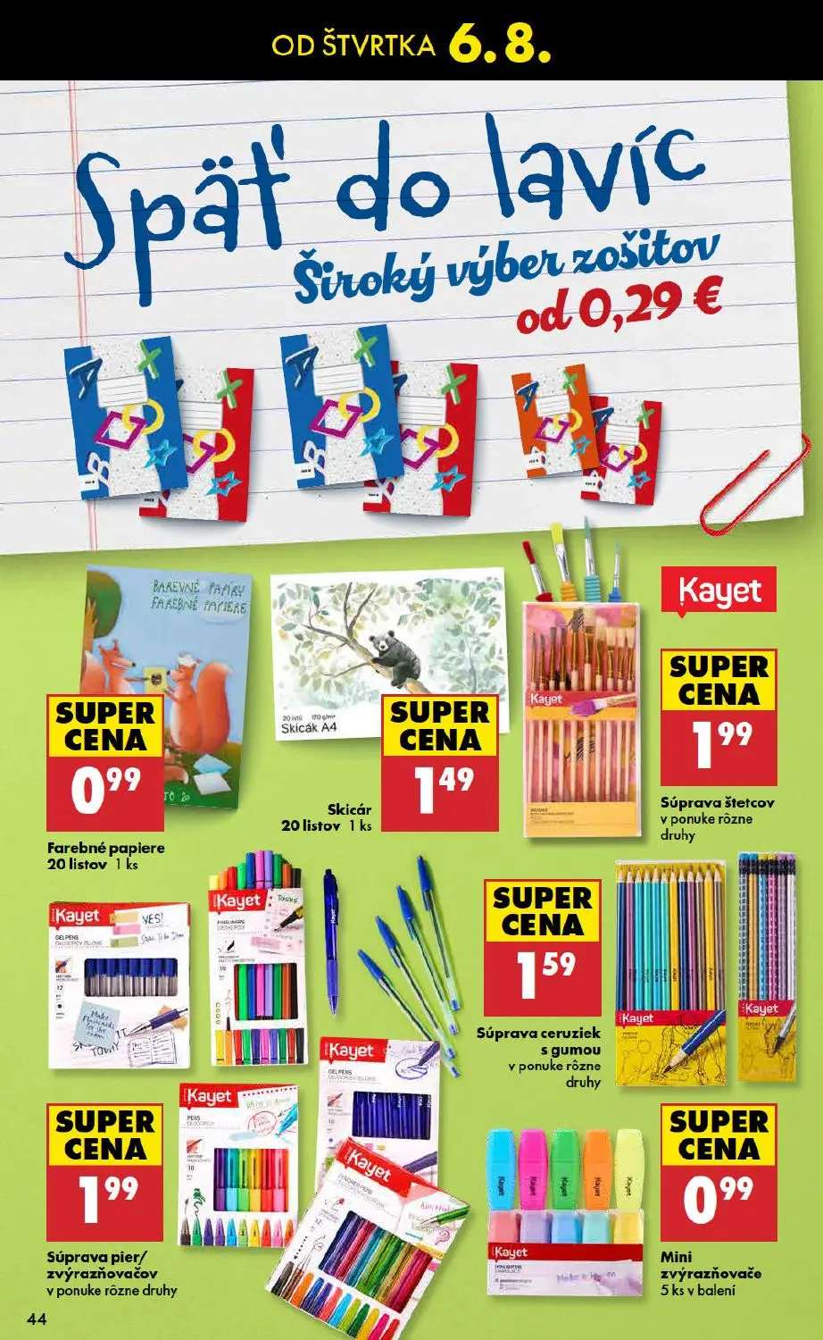 Biedronka leták, strana 44 z 48 — Farebné papiere, Skicár, Súprava štetcov