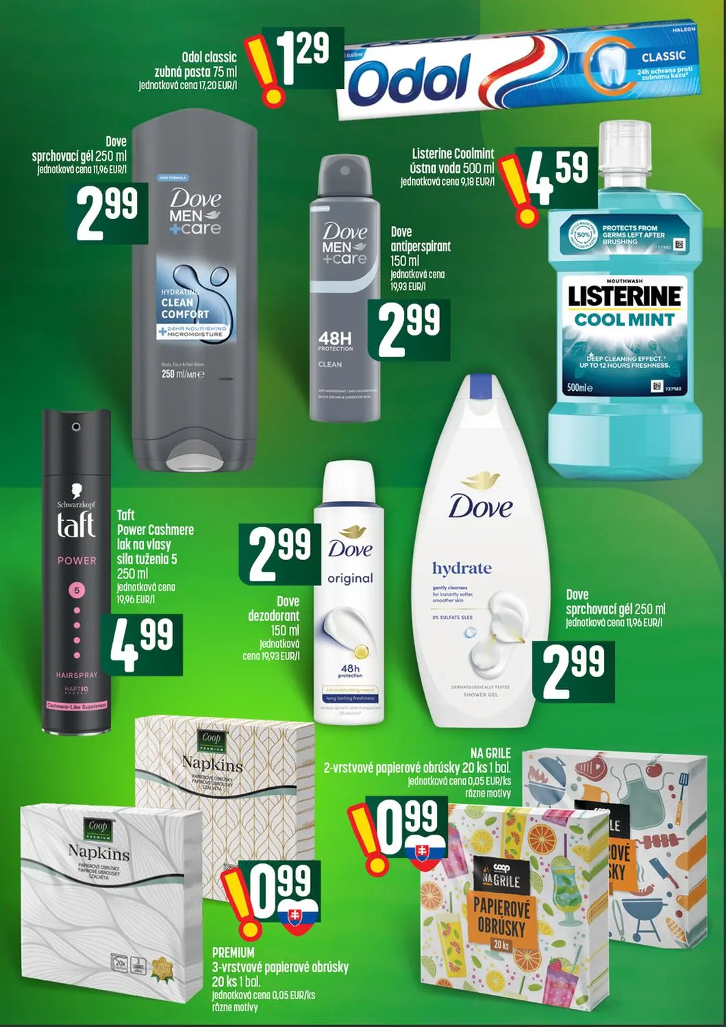 Coop Tempo leták, strana 54 z 56 — Odol classic zubná pasta, Listerine Coolmint ústna voda, Dove sprchovací gél