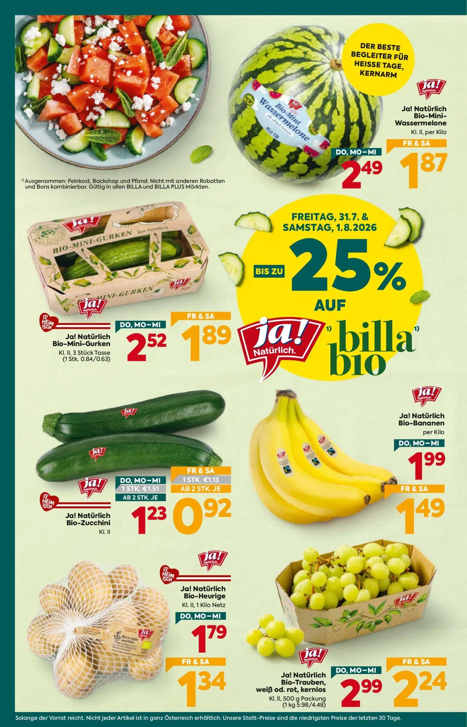 Billa Plus Prospekt, Seite 4 von 16 — Bio-Trauben, weiß od. rot, kernlos, Bio-Mini-Gurken, Bio-Mini-Wassermelone