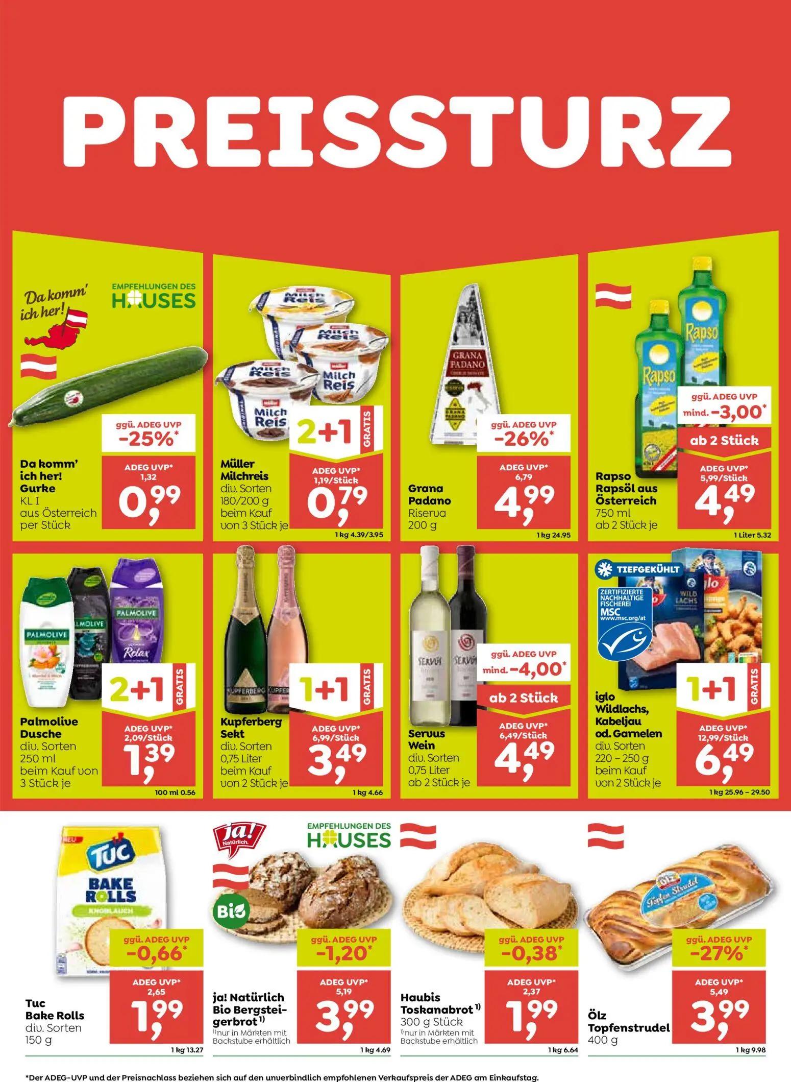 ADEG Prospekt, Seite 2 von 8 — iglo Wildlachs, Kabeljau od. Garnelen, Kupferberg Sekt, Servus Wein