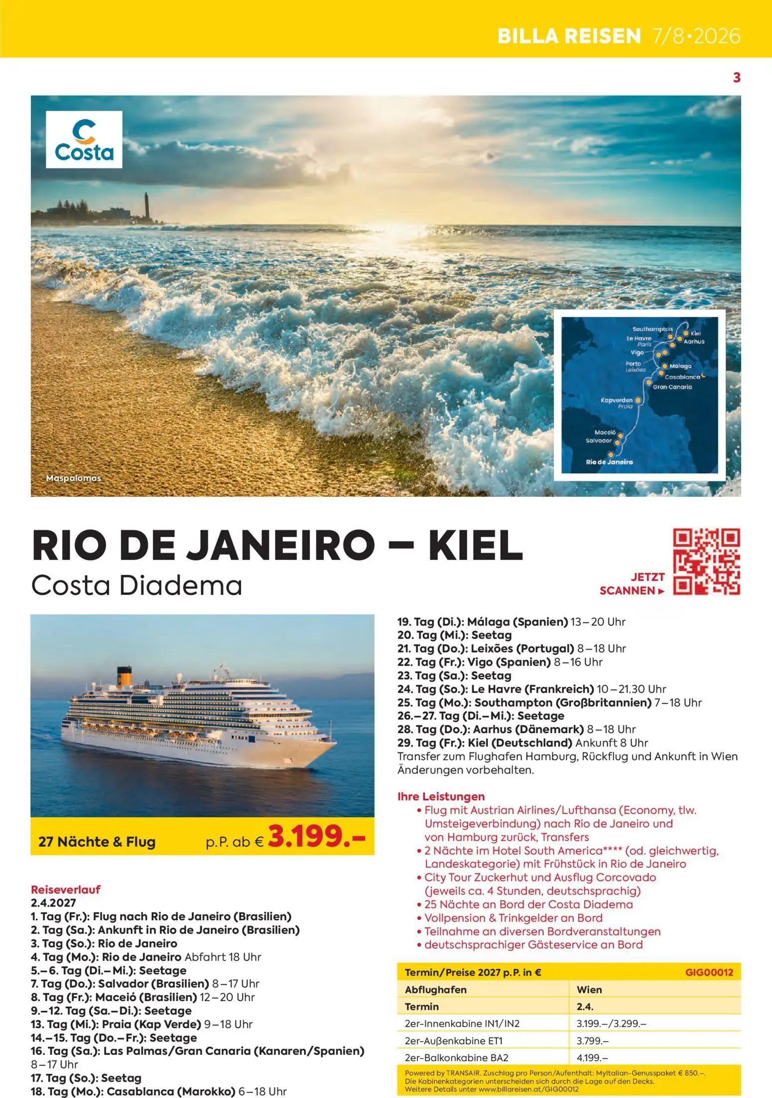 Billa Prospekt, Seite 3 von 24 — 2er-Innenkabine IN1/IN2, RIO DE JANEIRO - KIEL Costa Diadema, 2er-Außenkabine ET1