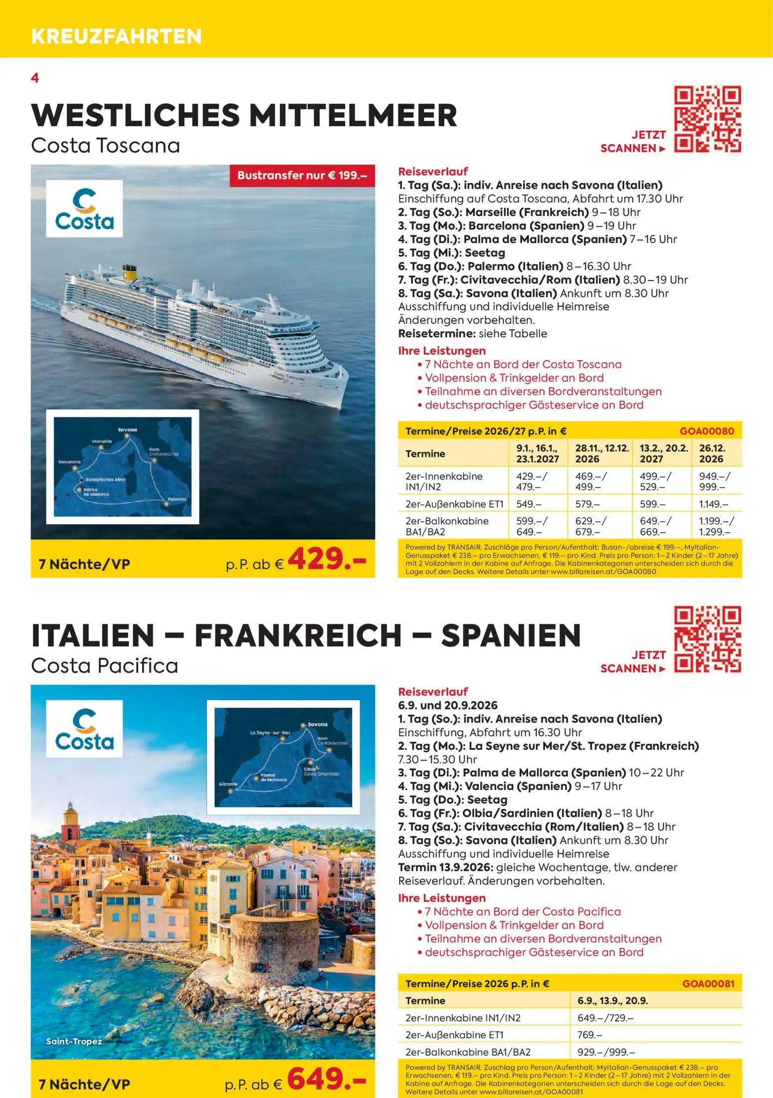 Billa Prospekt, Seite 4 von 16 — WESTLICHES MITTELMEER Costa Toscana, ITALIEN - FRANKREICH - SPANIEN Costa Pacifica