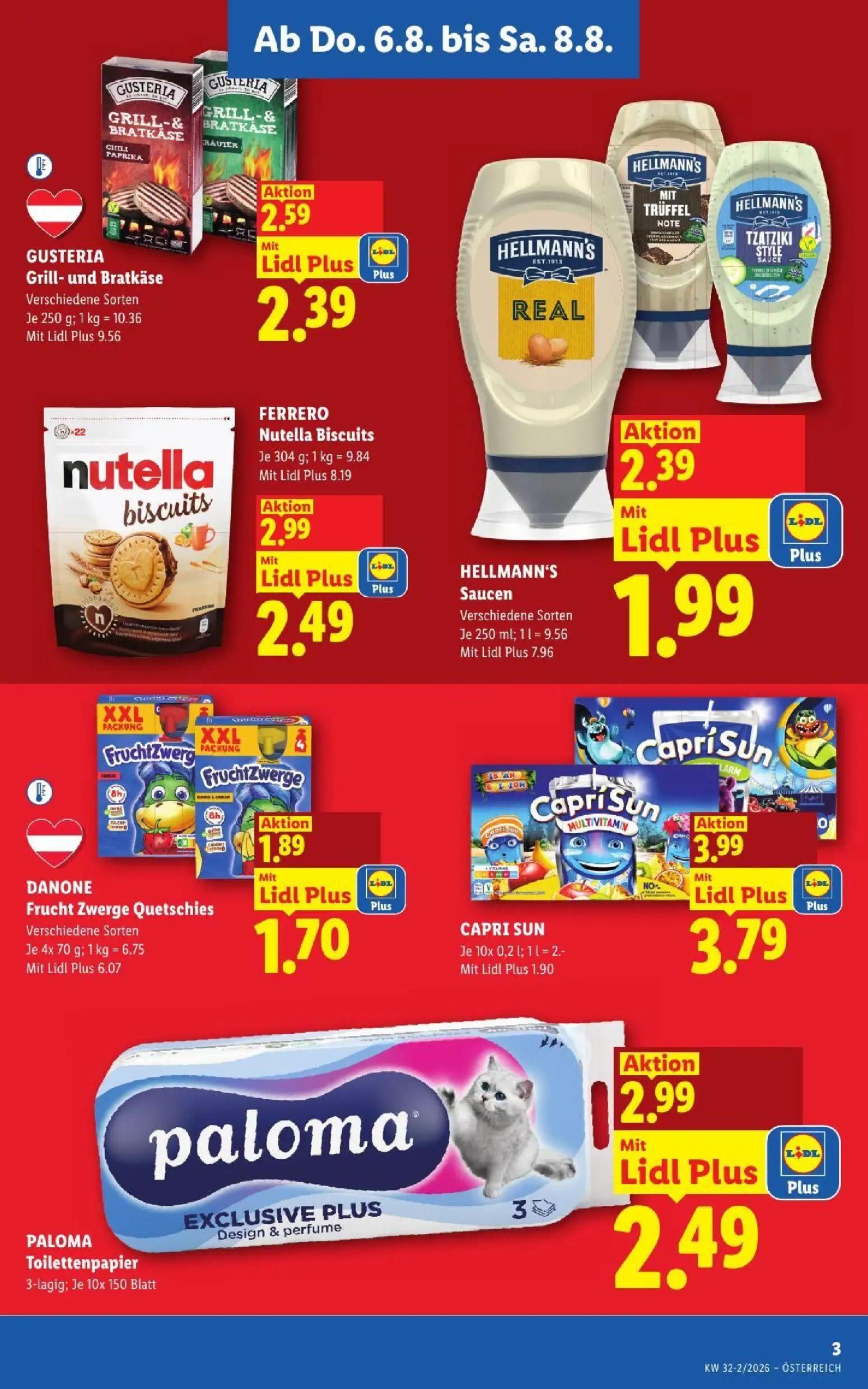 Lidl Prospekt, Seite 3 von 52 — GUSTERIA Grill- und Bratkäse, CAPRI SUN, DANONE Frucht Zwerge Quetschies