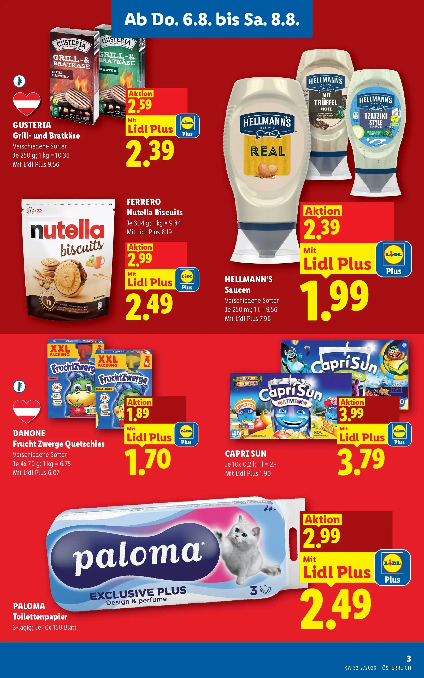 Lidl Prospekt, Seite 3 von 49 — NUTELLA Biscuits, PALOMA Toilettenpapier, HELLMANN'S Saucen