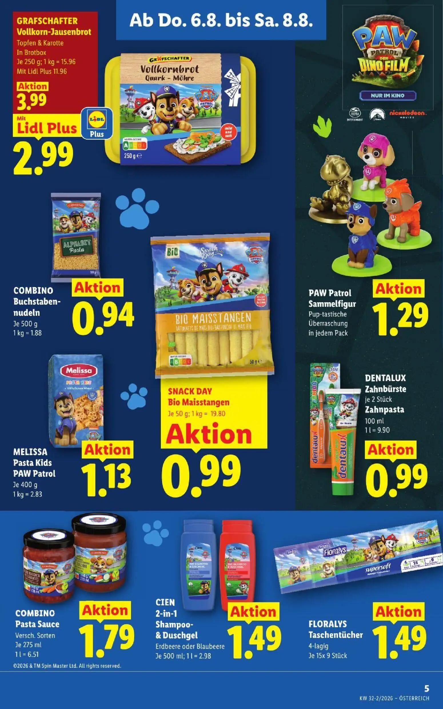 Lidl Prospekt, Seite 7 von 52 — GRAFSCHAFTER Vollkorn-Jausenbrot Topfen & Karotte, COMBINO Buchstaben-nudeln, PAW Patrol Sam…