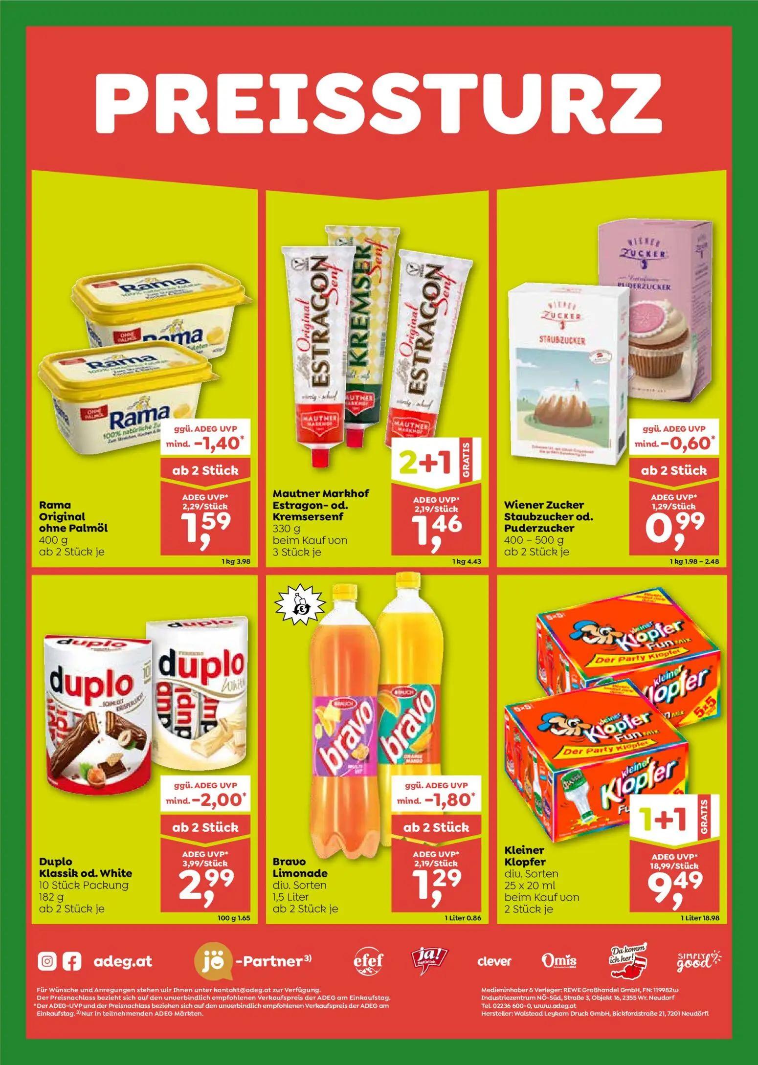 ADEG Prospekt, Seite 8 von 8 — Kleiner Klopfer, Duplo Klassik od. White, Bravo Limonade