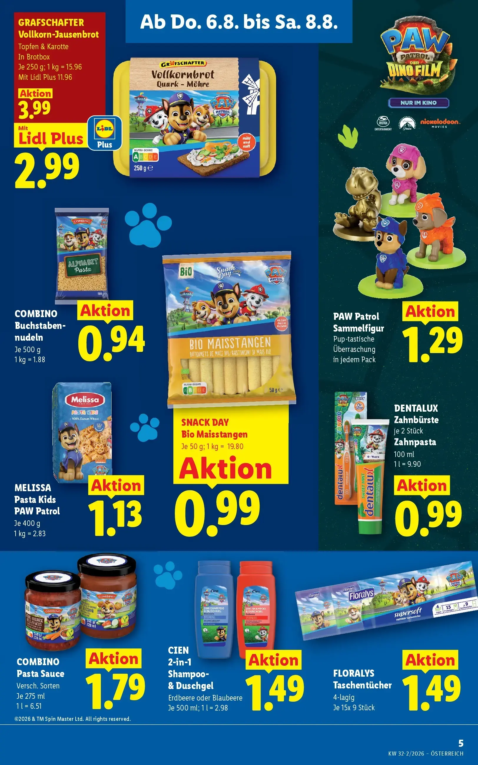 Lidl Prospekt, Seite 7 von 49 — GRAFSCHAFTER Vollkorn-Jausenbrot Topfen & Karotte In Brotbox, COMBINO Buchstabennudeln, PAW …