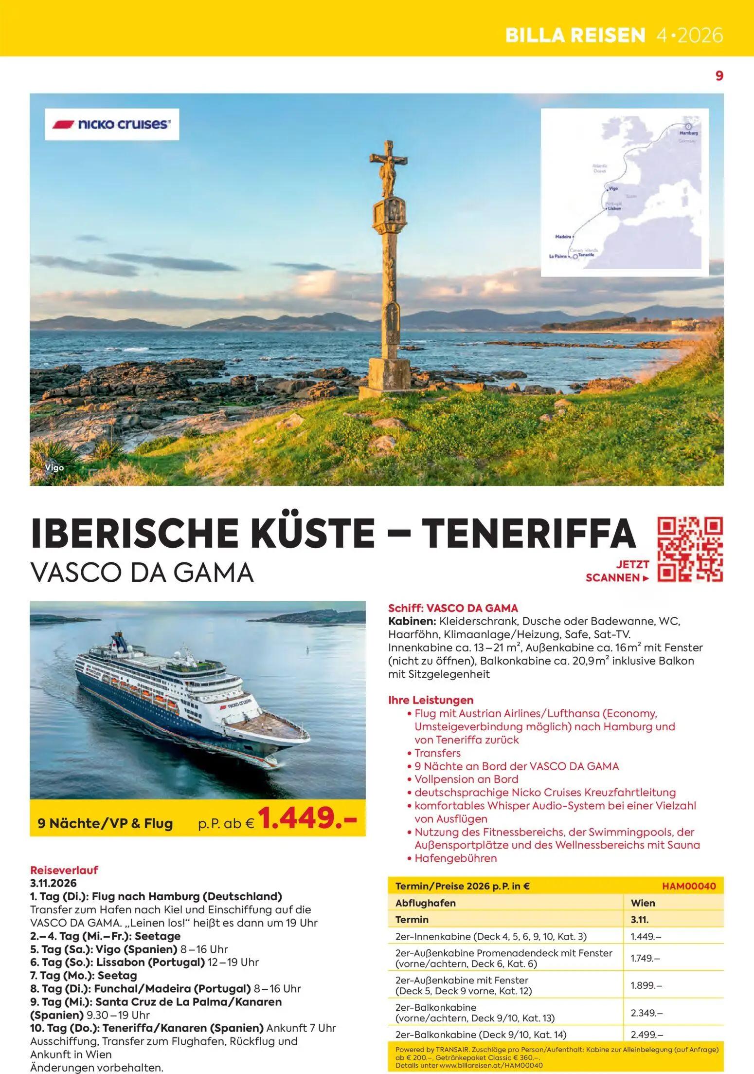 Billa Prospekt, Seite 9 von 16 — IBERISCHE KÜSTE – TENERIFFA, VASCO DA GAMA, 2er-Innenkabine (Deck 4, 5, 6, 9, 10, Kat. 3)