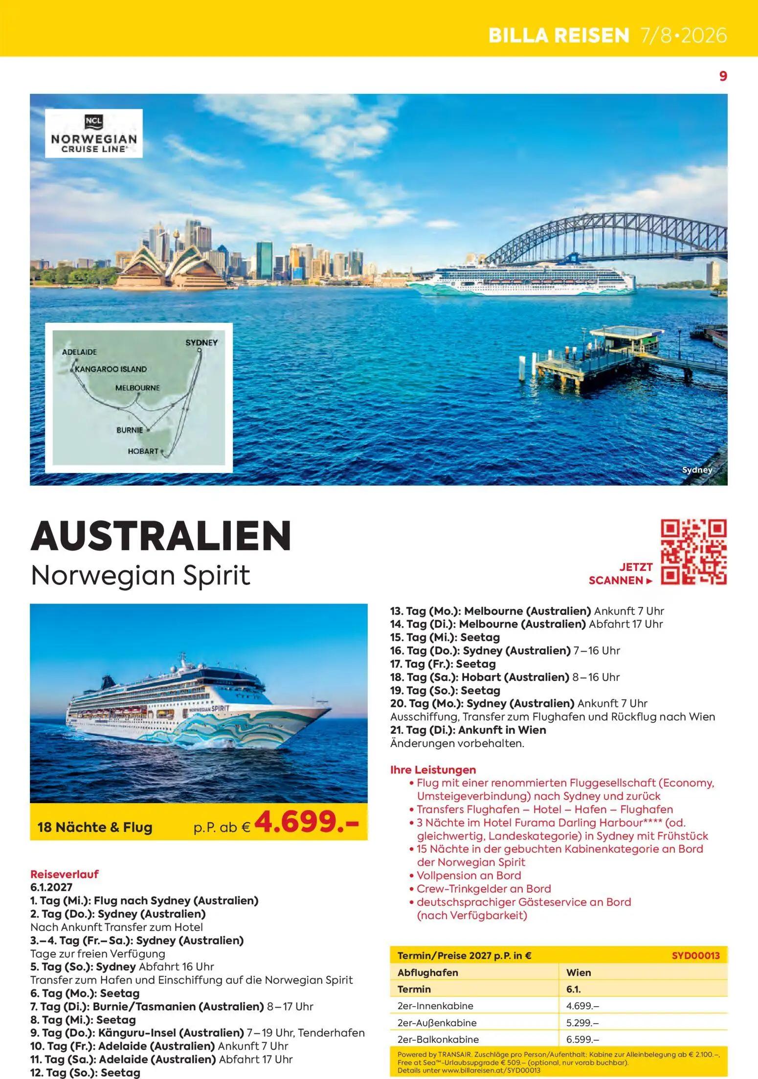 Billa Prospekt, Seite 9 von 24 — AUSTRALIEN Norwegian Spirit, 2er-Innenkabine, 2er-Außenkabine