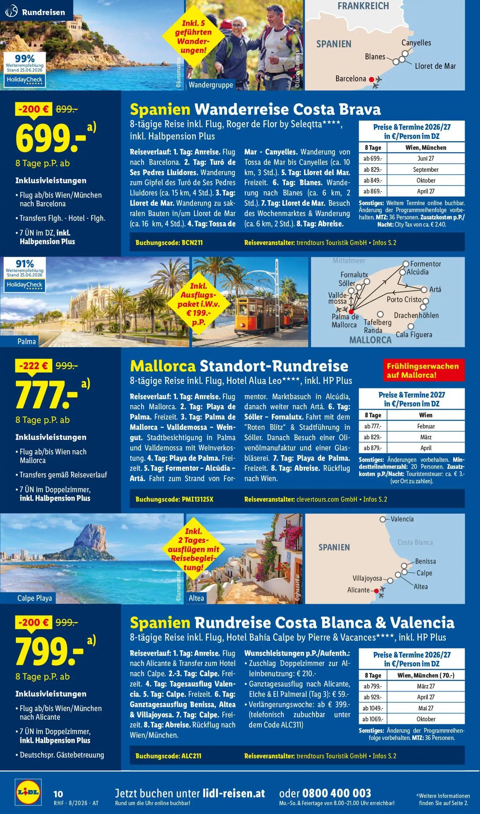 Lidl Prospekt, Seite 10 von 20 — Mallorca Standort-Rundreise, Spanien Wanderreise Costa Brava, Spanien Rundreise Costa Blanc…
