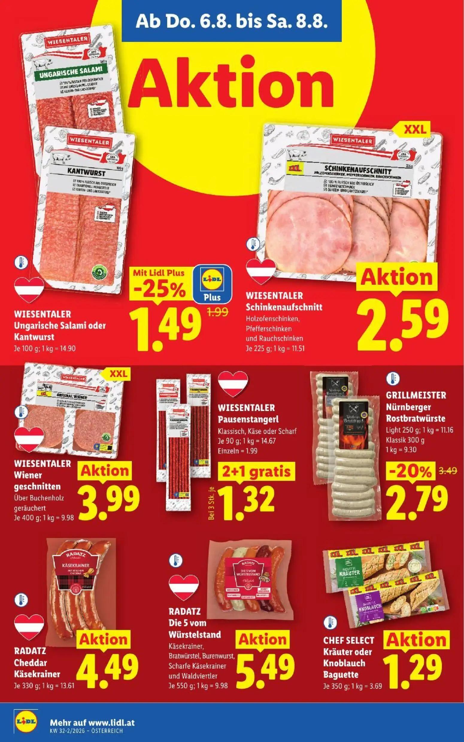 Lidl Prospekt, Seite 10 von 52 — GRILLMEISTER Nürnberger Rostbratwürste, RADATZ Cheddar Käsekrainer, RADATZ Die 5 vom Würste…