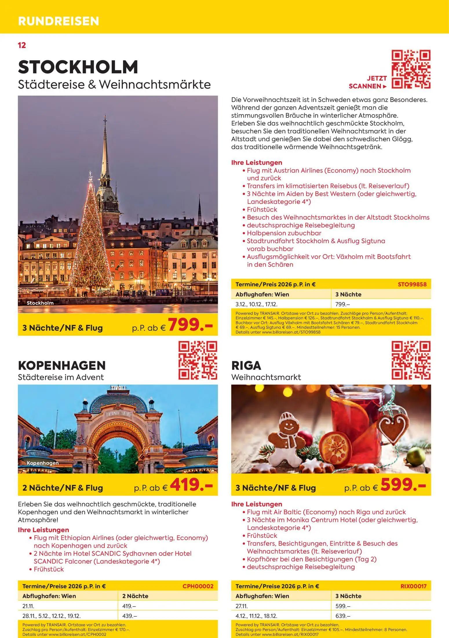 Billa Prospekt, Seite 12 von 24 — STOCKHOLM Städtereise & Weihnachtsmärkte, KOPENHAGEN Städtereise im Advent, RIGA Weihnacht…