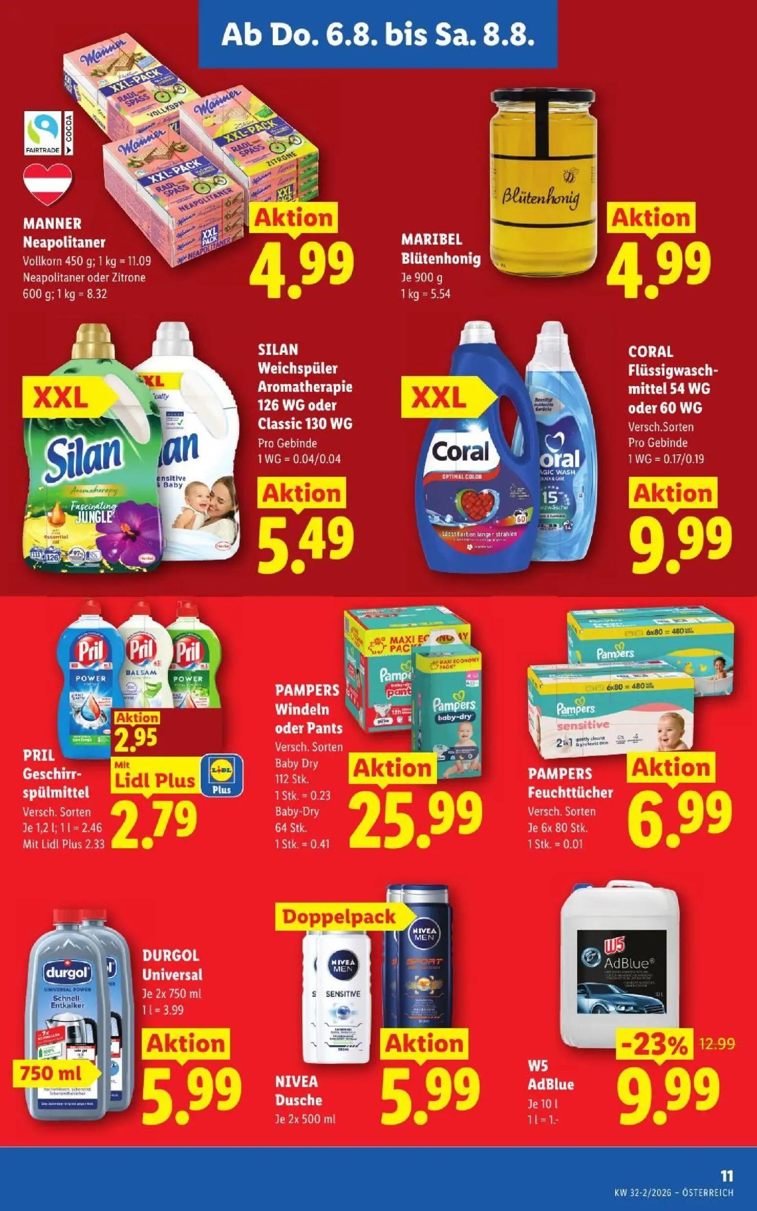 Lidl Prospekt, Seite 13 von 52 — PRIL Geschirrspülmittel, SILAN Weichspüler Aromatherapie, CORAL Flüssigwaschmittel
