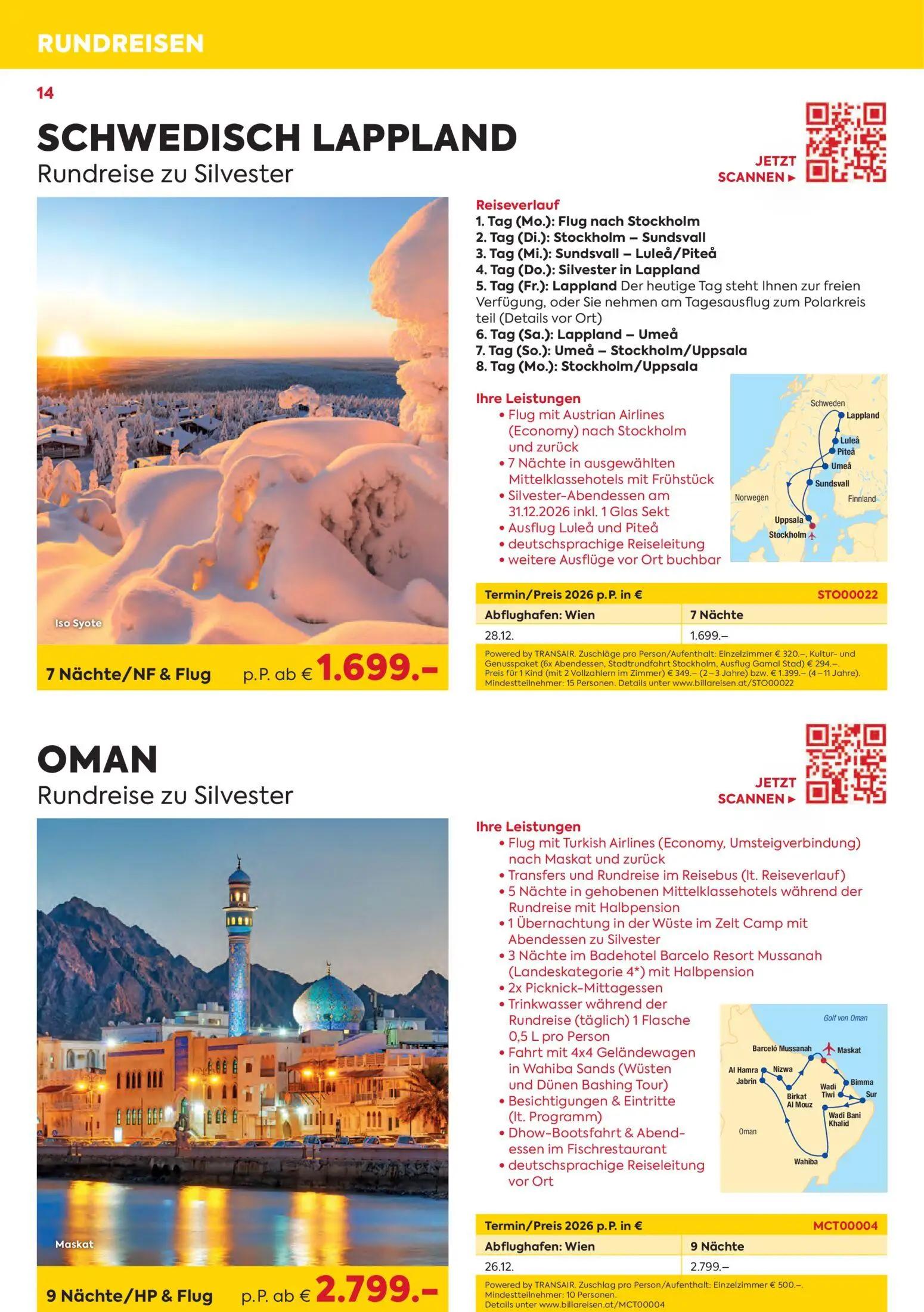 Billa Prospekt, Seite 14 von 24 — SCHWEDISCH LAPPLAND Rundreise zu Silvester, OMAN Rundreise zu Silvester