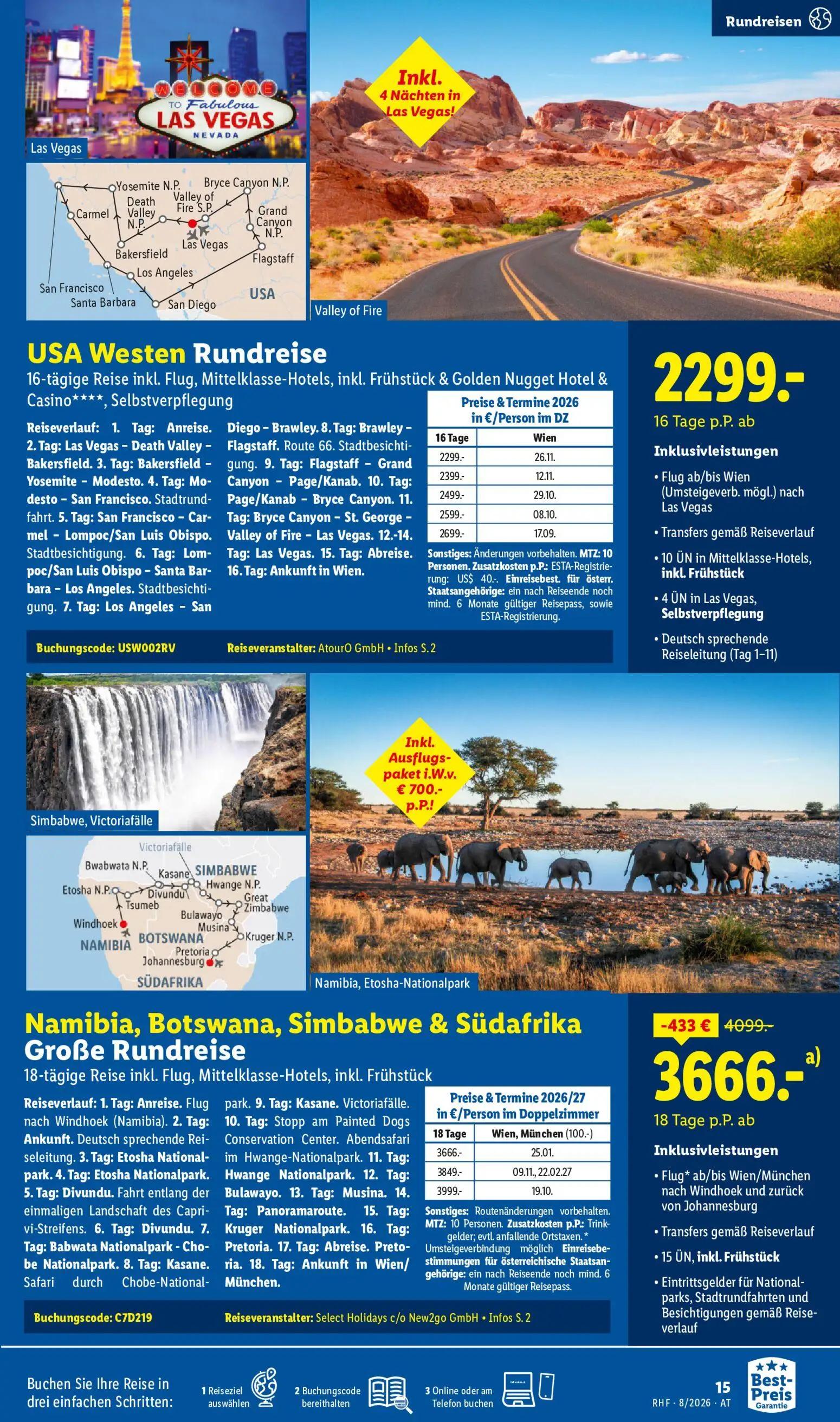 Lidl Prospekt, Seite 15 von 20 — Namibia, Botswana, Simbabwe & Südafrika Große Rundreise, USA Westen Rundreise