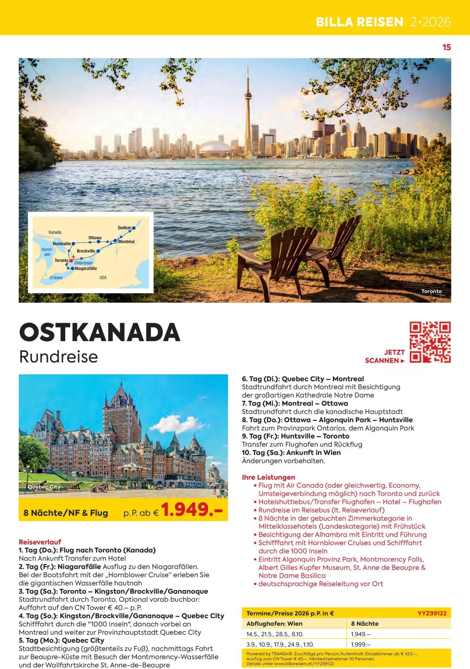 Billa Prospekt, Seite 15 von 16 — OSTKANADA Rundreise, Reiseverlauf, Reiseverlauf