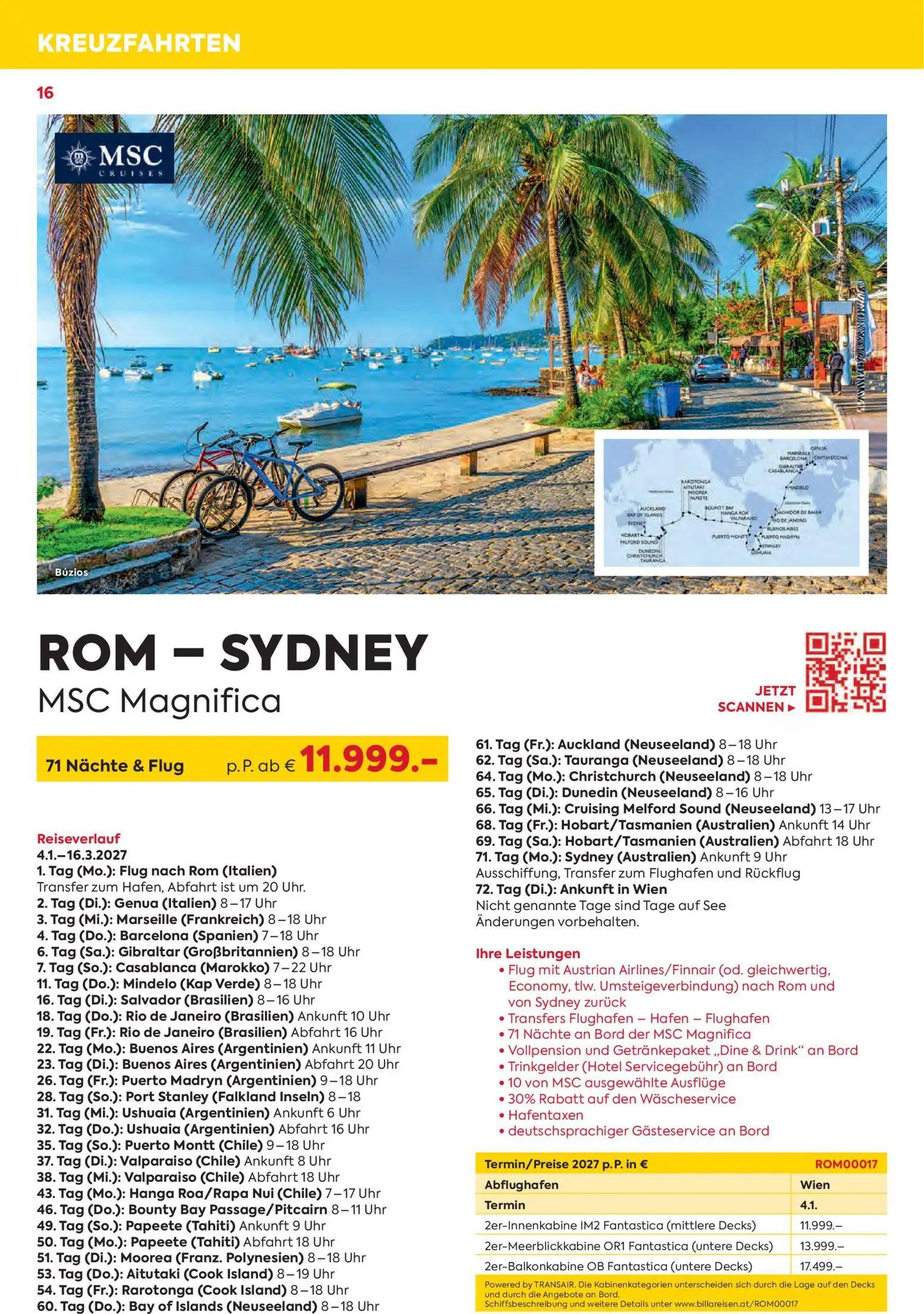 Billa Prospekt, Seite 16 von 16 — ROM - SYDNEY MSC Magnifica, 2er-Innenkabine IM2 Fantastica (mittlere Decks), 2er-Meerblick…