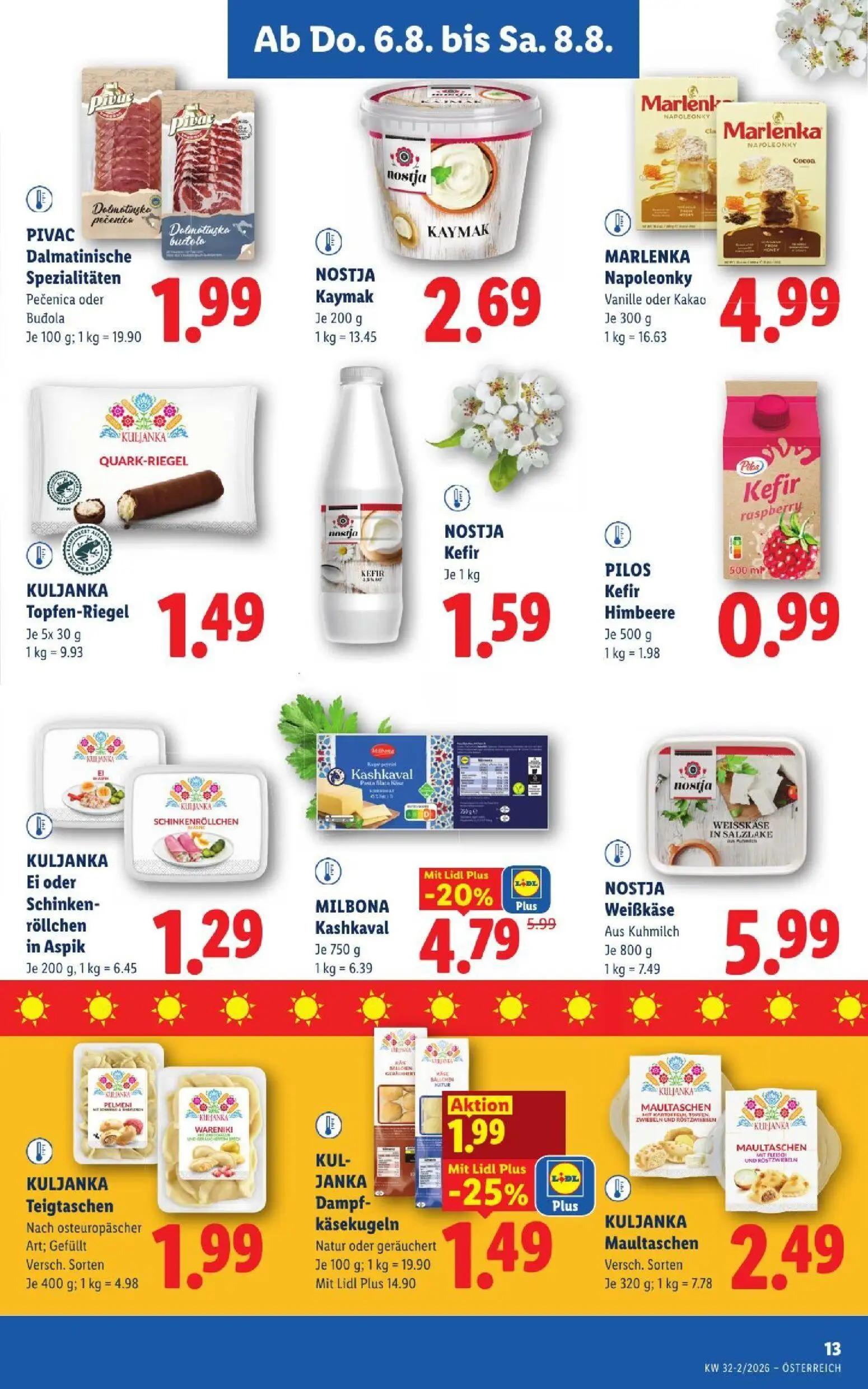 Lidl Prospekt, Seite 15 von 52 — MILBONA Kashkaval, KULJANKA Dampf-käsekugeln Natur oder geräuchert, PIVAC Dalmatinische Spe…