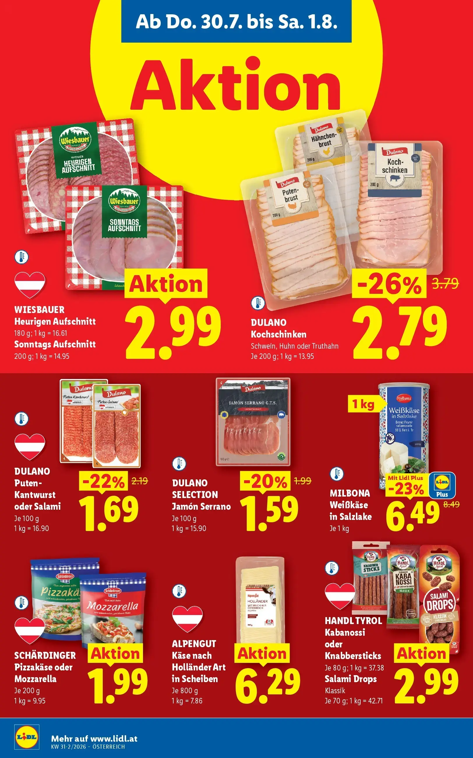 Lidl Prospekt, Seite 14 von 51 — MILBONA Weißkäse in Salzlake, DULANO Kochschinken, DULANO Puten-Kantwurst oder Salami