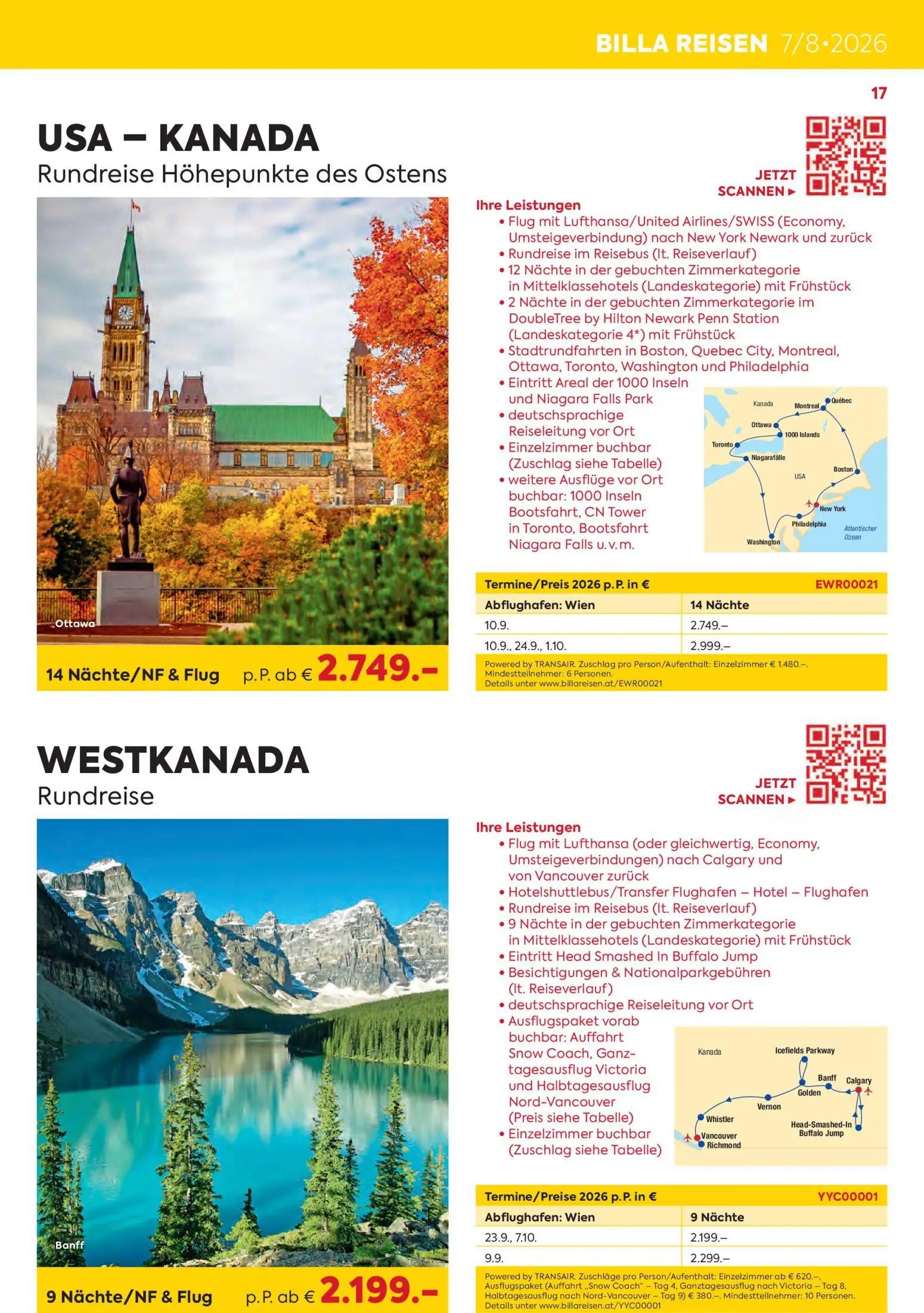 Billa Prospekt, Seite 17 von 24 — USA - KANADA Rundreise Höhepunkte des Ostens, WESTKANADA Rundreise