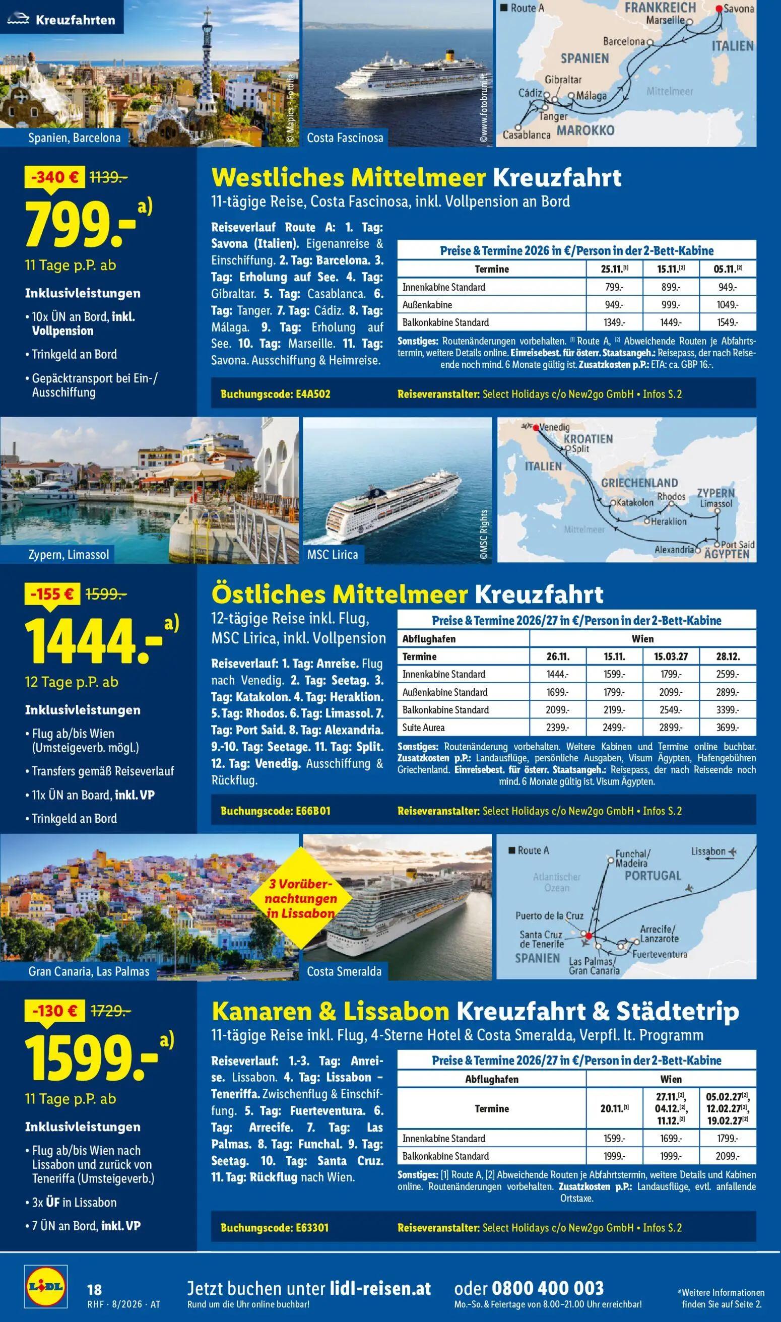 Lidl Prospekt, Seite 18 von 20 — Westliches Mittelmeer Kreuzfahrt, Östliches Mittelmeer Kreuzfahrt, Kanaren & Lissabon Kreuz…