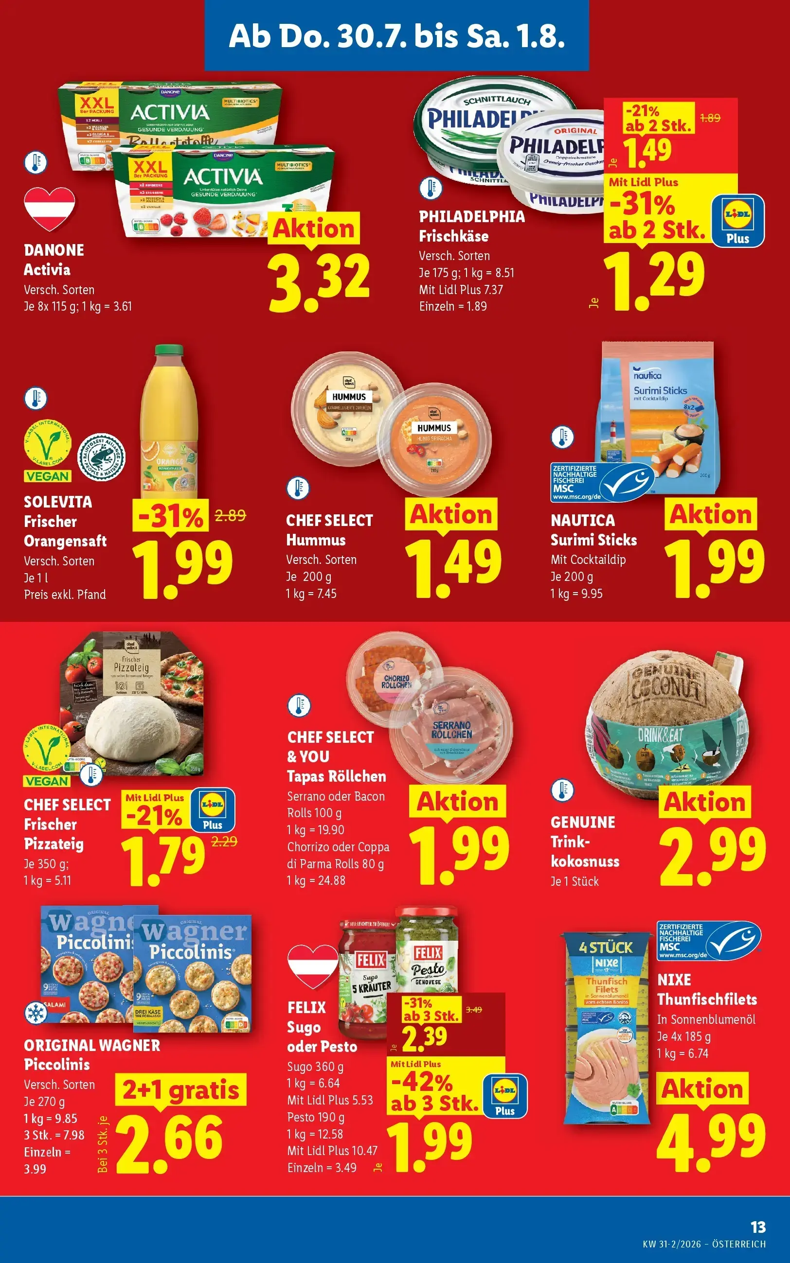 Lidl Prospekt, Seite 15 von 51 — FELIX Sugo oder Pesto, ORIGINAL WAGNER Piccolinis, SOLEVITA Frischer Orangensaft