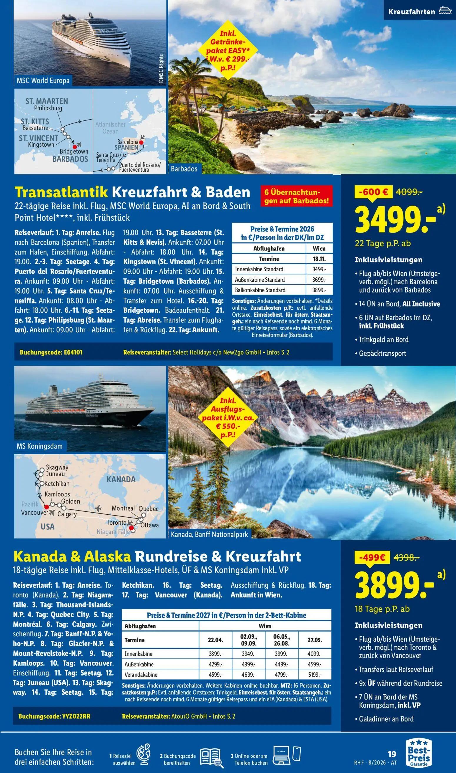 Lidl Prospekt, Seite 19 von 20 — Transatlantik Kreuzfahrt & Baden, Kanada & Alaska Rundreise & Kreuzfahrt