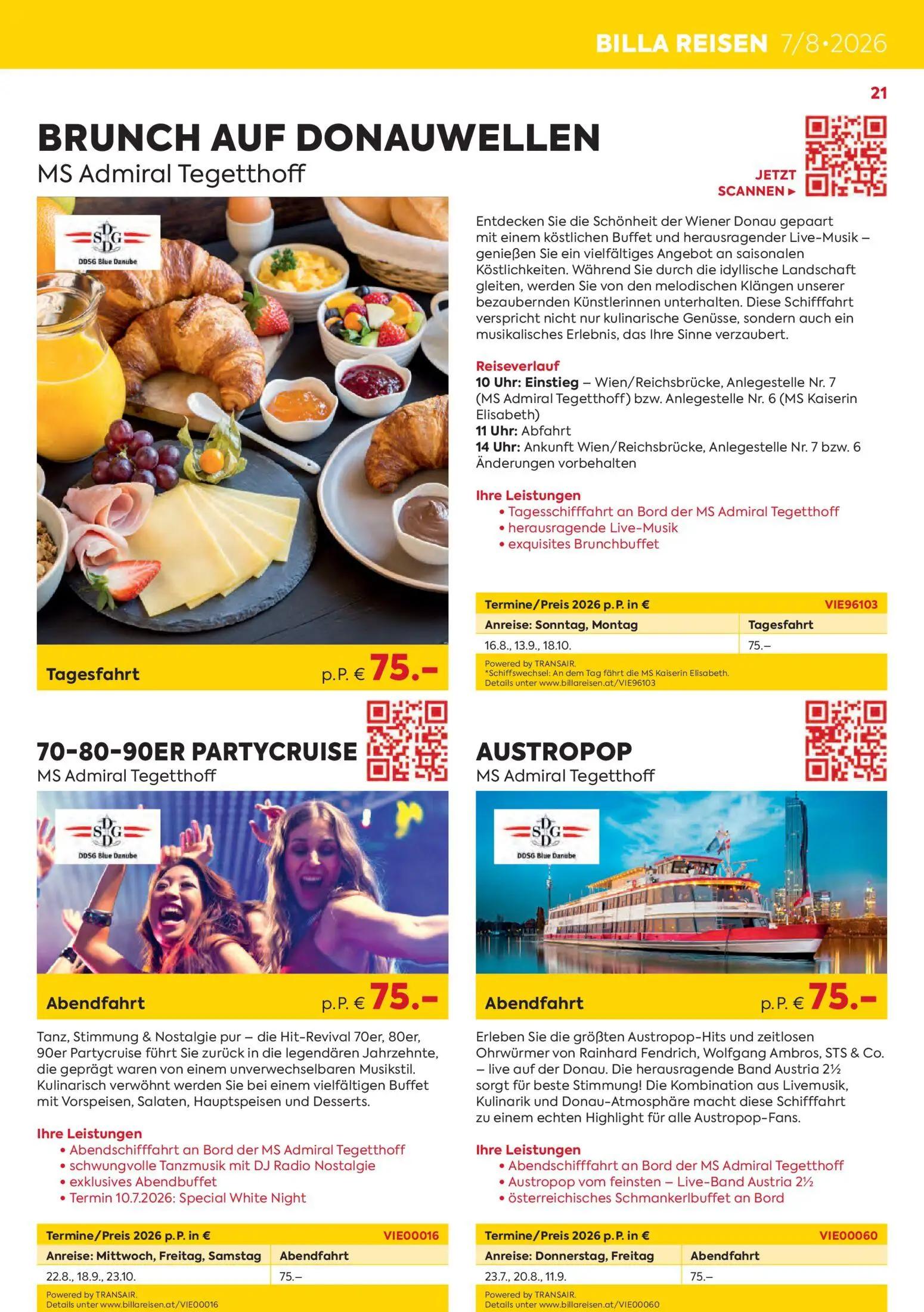 Billa Prospekt, Seite 21 von 24 — BRUNCH AUF DONAUWELLEN MS Admiral Tegetthoff, 70-80-90ER PARTYCRUISE MS Admiral Tegetthoff…