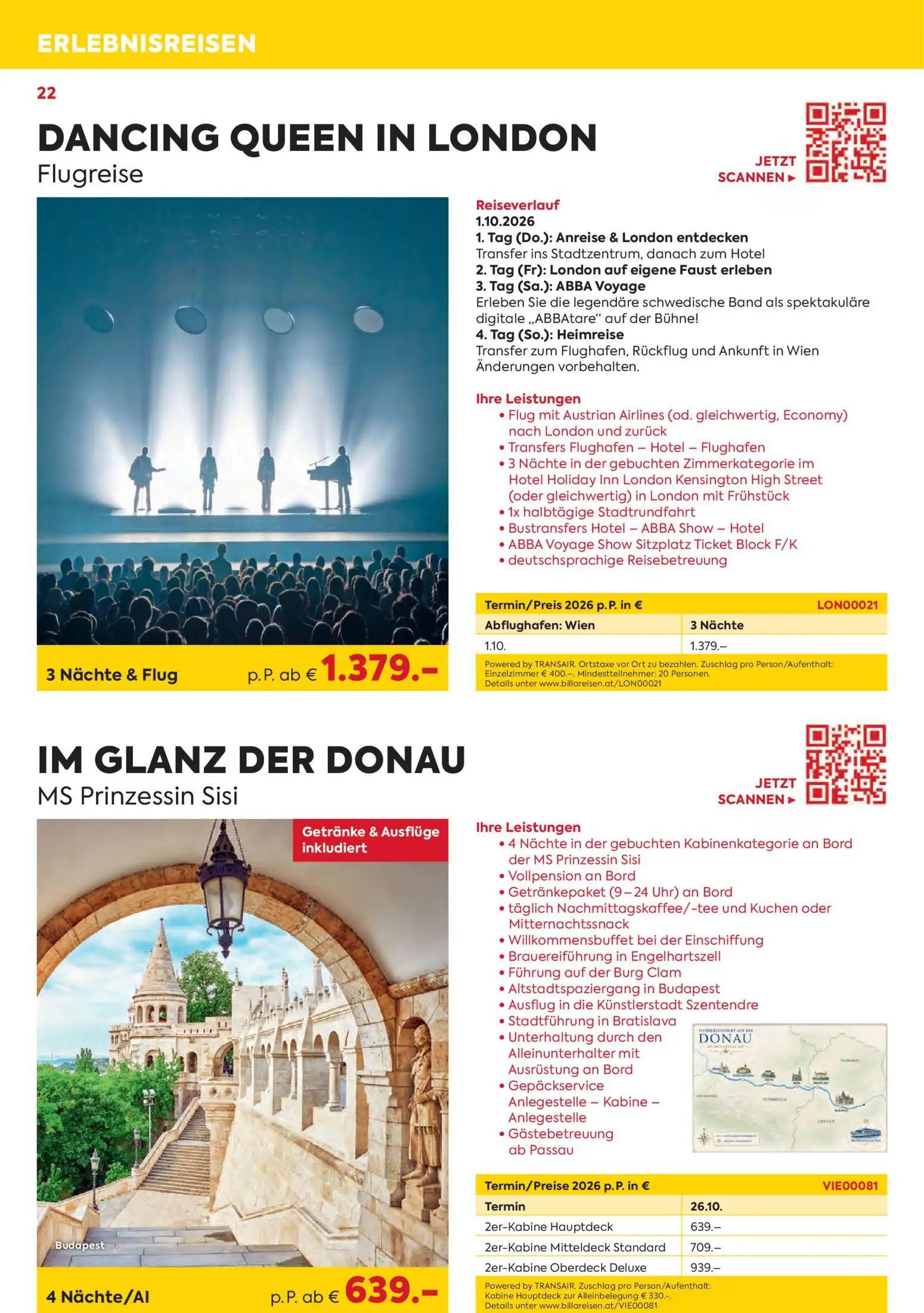 Billa Prospekt, Seite 22 von 24 — DANCING QUEEN IN LONDON Flugreise, IM GLANZ DER DONAU MS Prinzessin Sisi, 2er-Kabine Haupt…
