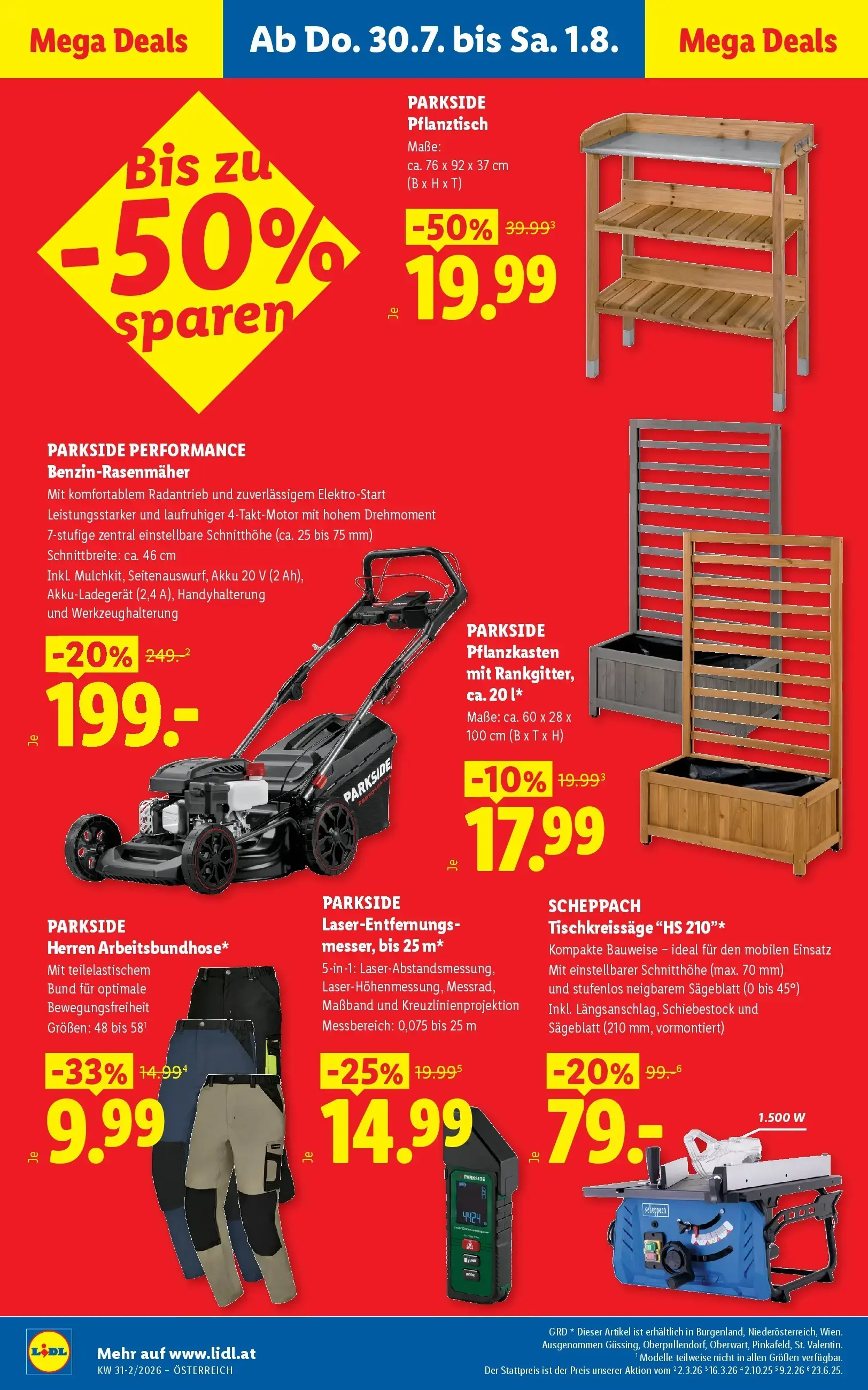 Lidl Prospekt, Seite 20 von 51 — PARKSIDE PERFORMANCE Benzin-Rasenmäher, PARKSIDE Pflanztisch, SCHEPPACH Tischkreissäge "HS …
