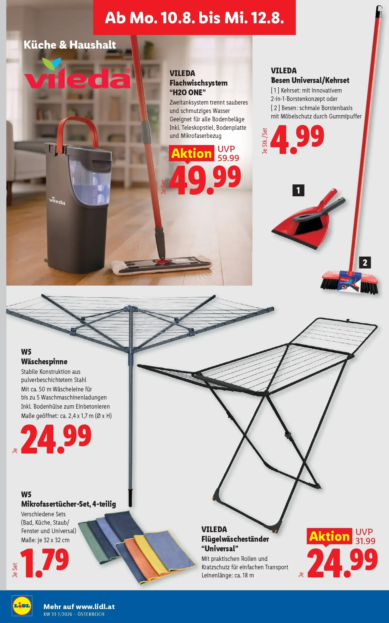 Lidl Prospekt, Seite 32 von 49 — VILEDA Flachwischsystem "H2O ONE", VILEDA Flügelwäscheständer "Universal", VILEDA Besen Uni…