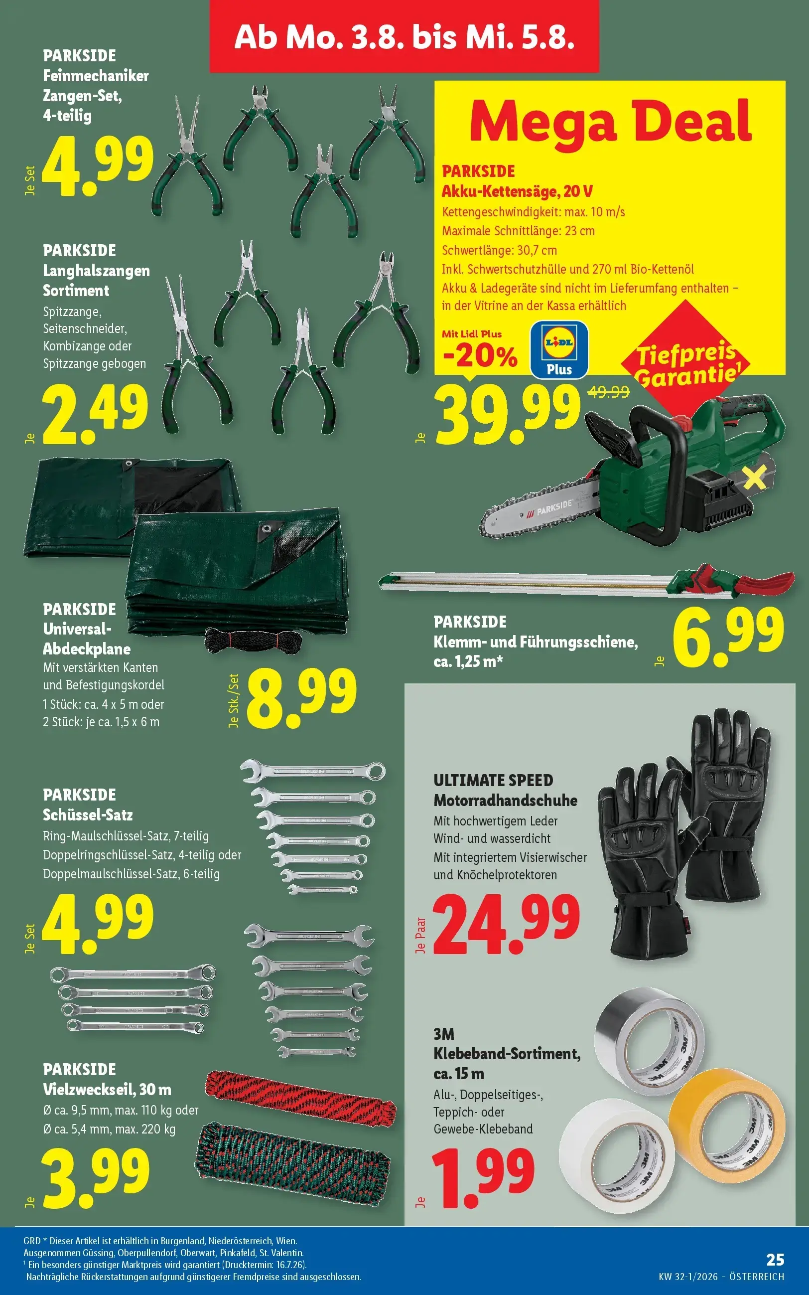 Lidl Prospekt, Seite 32 von 51 — PARKSIDE Akku-Kettensäge, 20 V, PARKSIDE Feinmechaniker Zangen-Set, 4-teilig, PARKSIDE Lang…