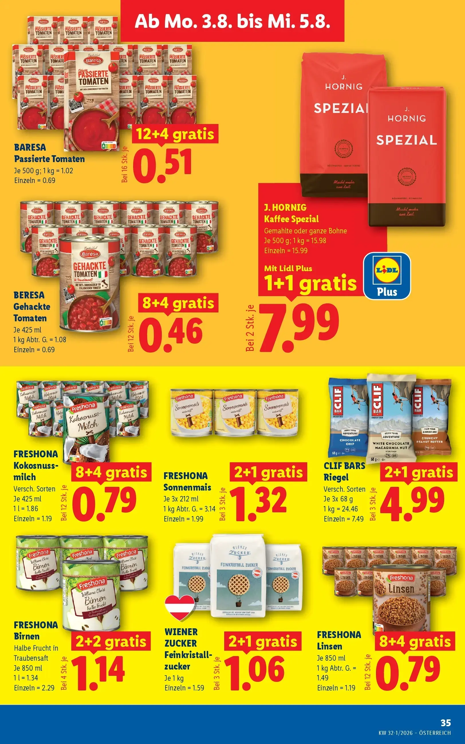 Lidl Prospekt, Seite 43 von 51 — J. HORNIG Kaffee Spezial, CLIF BARS Riegel, FRESHONA Birnen