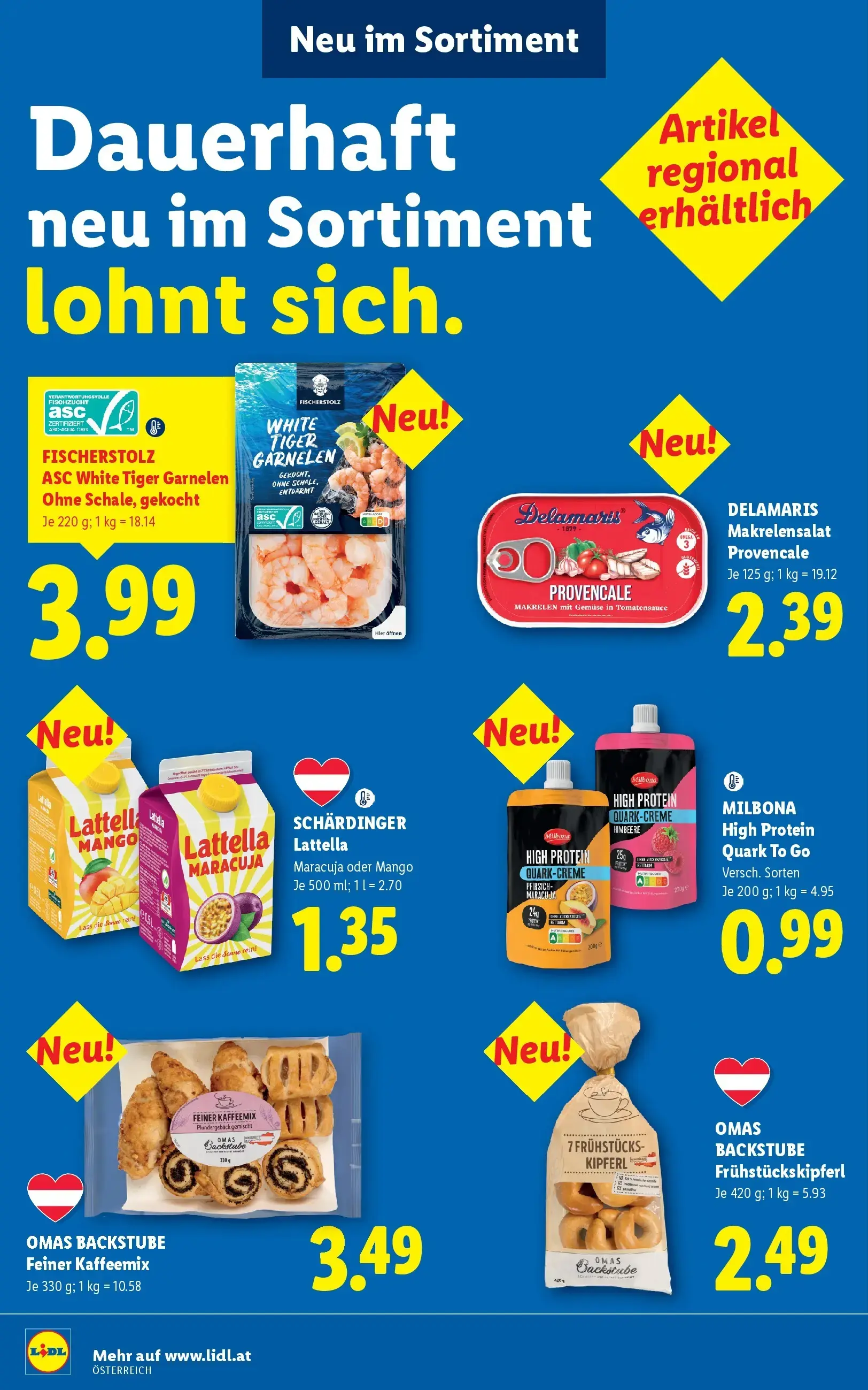 Lidl Prospekt, Seite 45 von 49 — ASC White Tiger Garnelen Ohne Schale, gekocht, Makrelensalat Provencale, Lattella Maracuja …