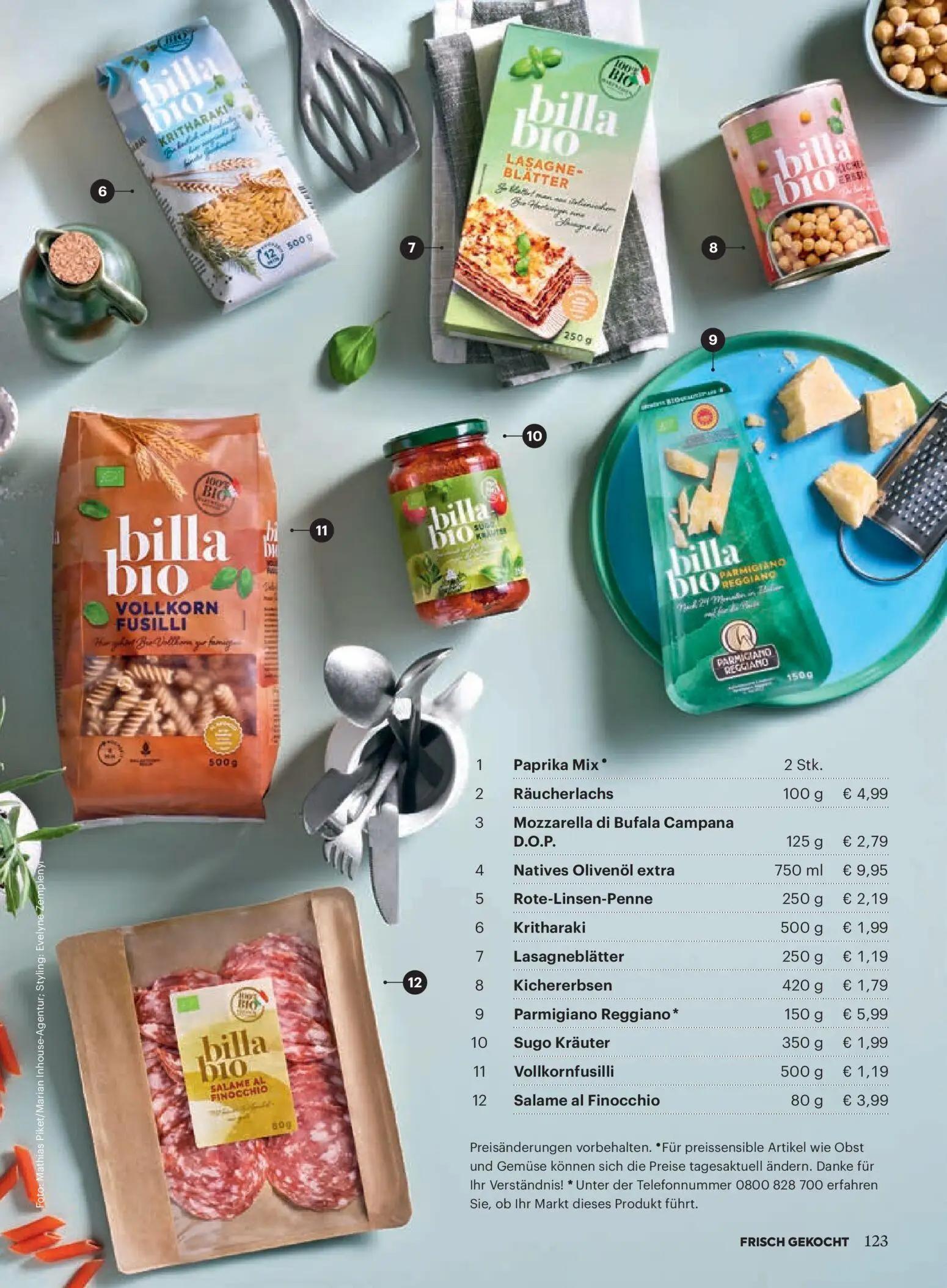 Billa Prospekt, Seite 121 von 170 — Mozzarella di Bufala Campana D.O.P., Natives Olivenöl extra, Rote-Linsen-Penne
