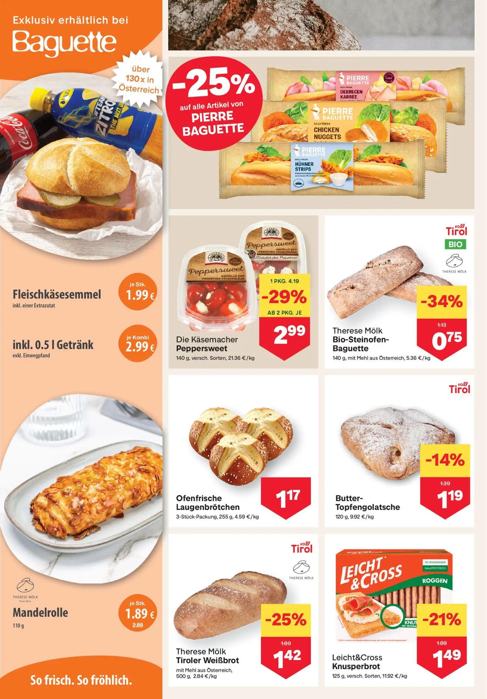 MPREIS Prospekt, Seite 4 von 15 — Die Käsemacher Peppersweet, Mandelrolle, Therese Mölk Tiroler Weißbrot
