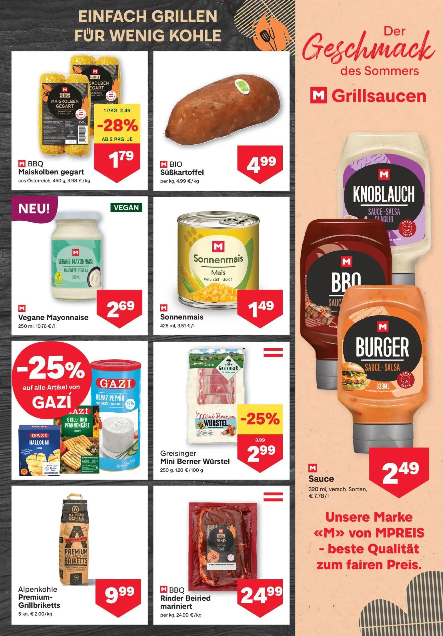 MPREIS Prospekt, Seite 7 von 16 — BBQ Maiskolben gegart, BIO Süßkartoffel, Alpenkohle Premium-Grillbriketts