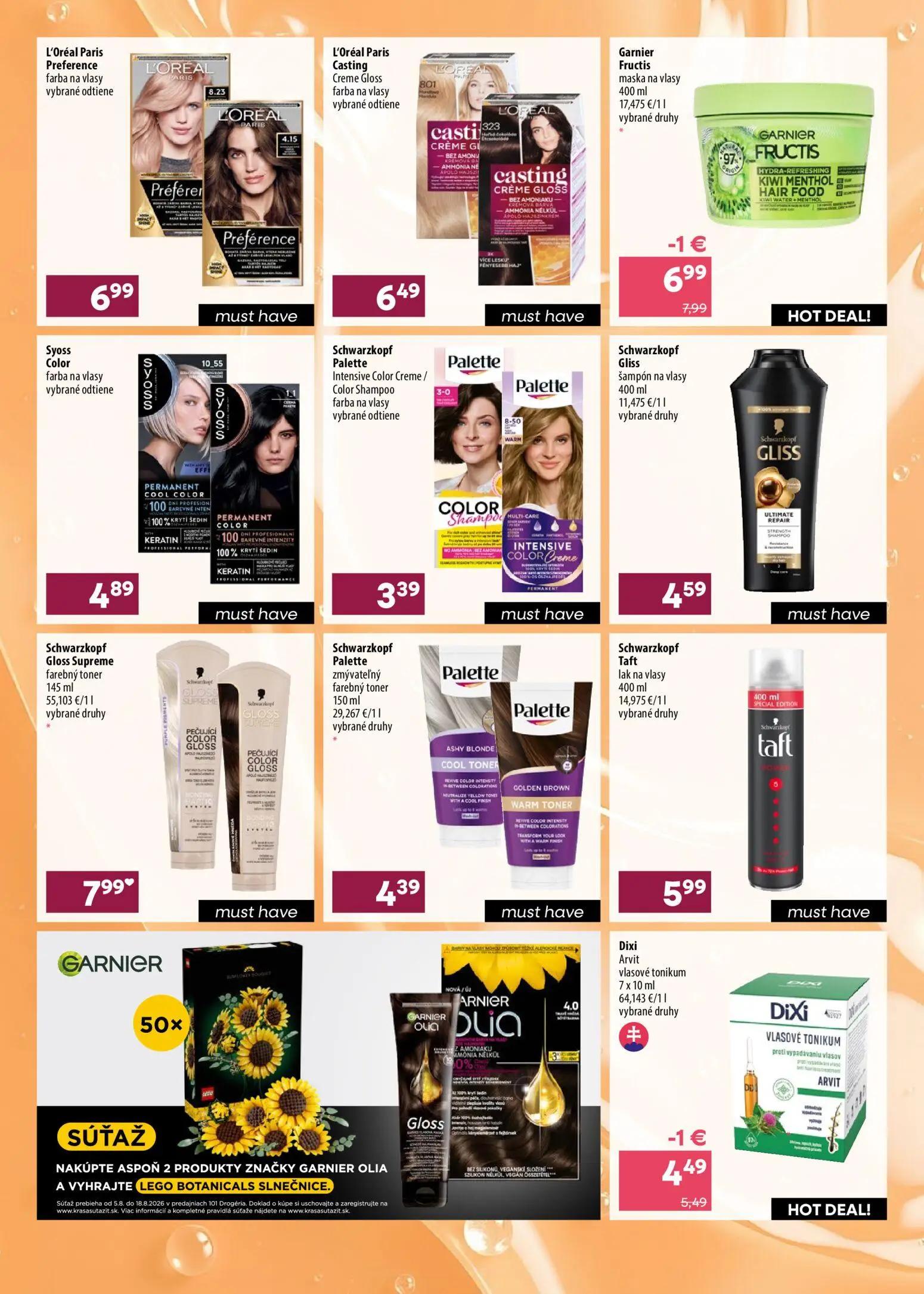 101 Drogerie leták, strana 4 z 8 — Garnier Fructis maska na vlasy, Dixi Arvit vlasové tonikum, L'Oréal Paris Preference farb…