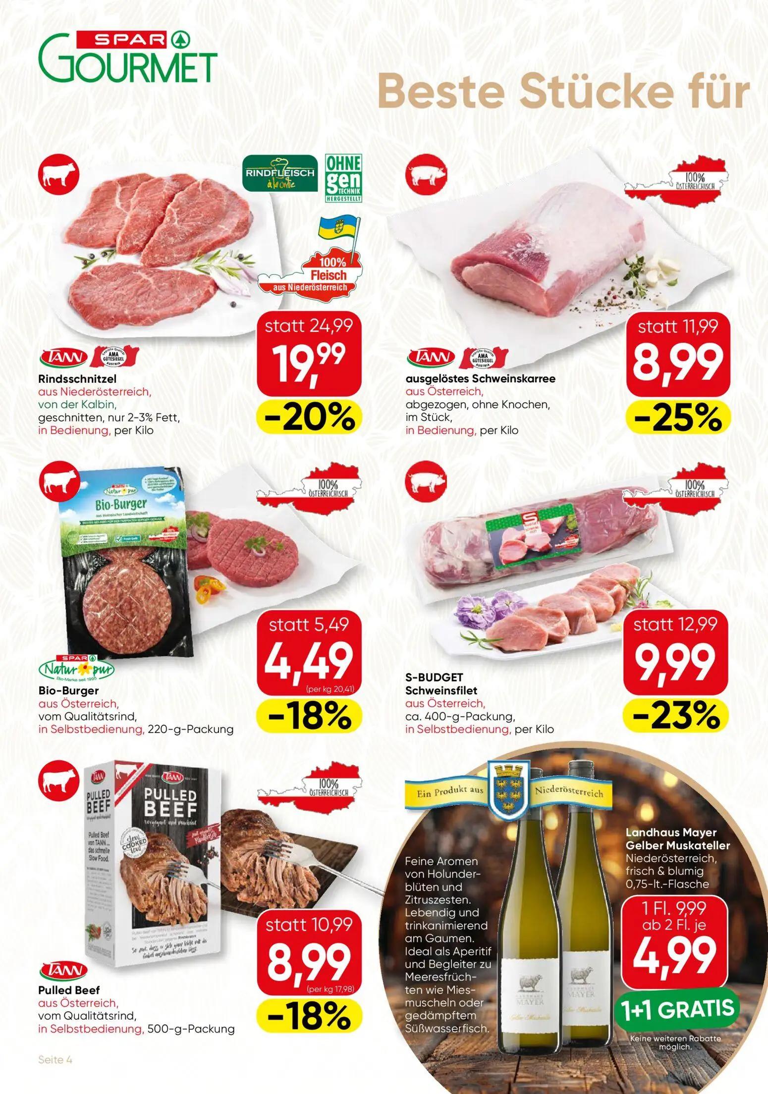 Spar Gourmet Prospekt, Seite 4 von 12 — Rindsschnitzel, Landhaus Mayer Gelber Muskateller, ausgelöstes Schweinskarree