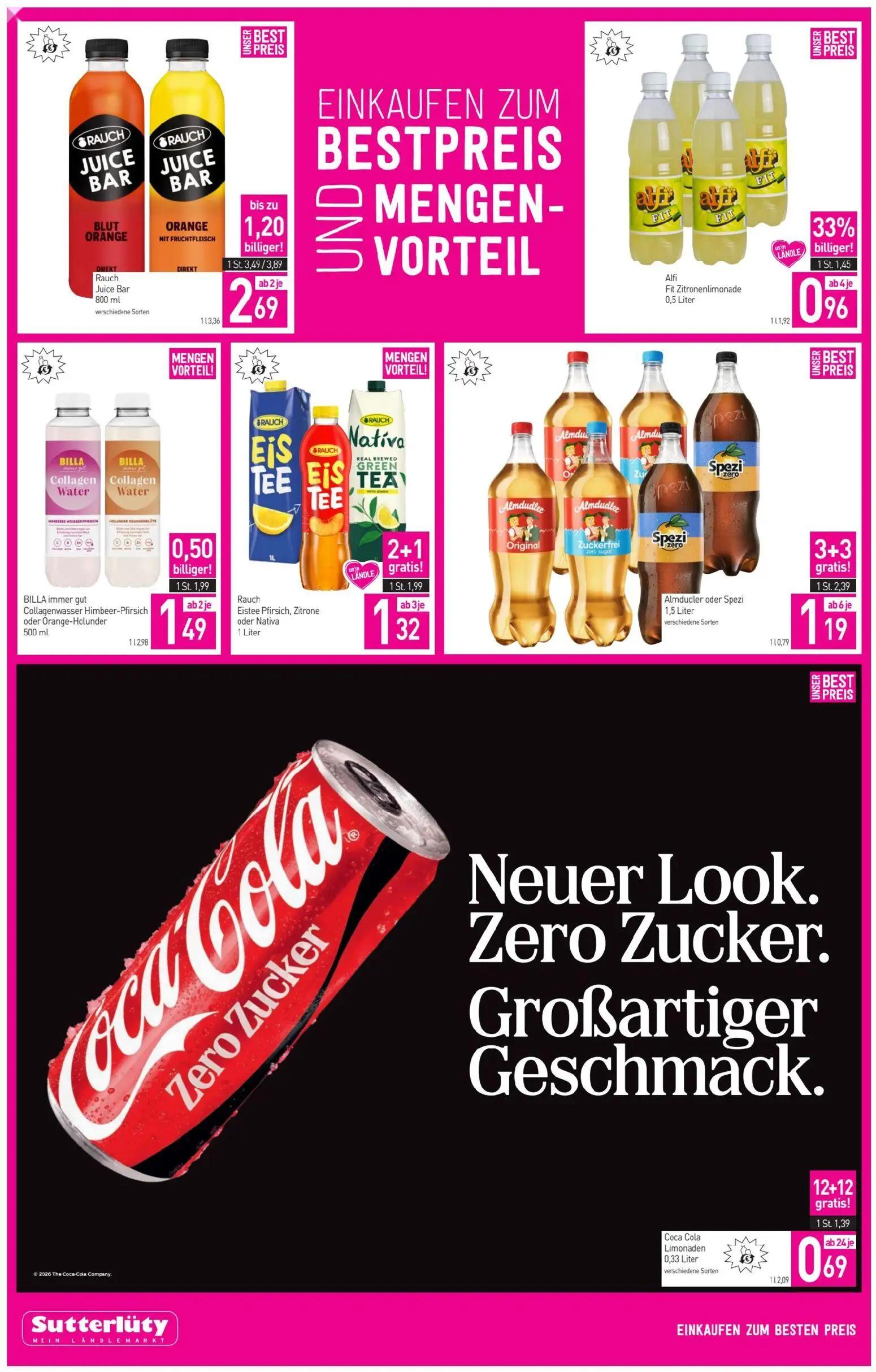 Sutterlüty Prospekt, Seite 4 von 12 — Almdudler oder Spezi, Rauch Juice Bar, Coca Cola Limonaden