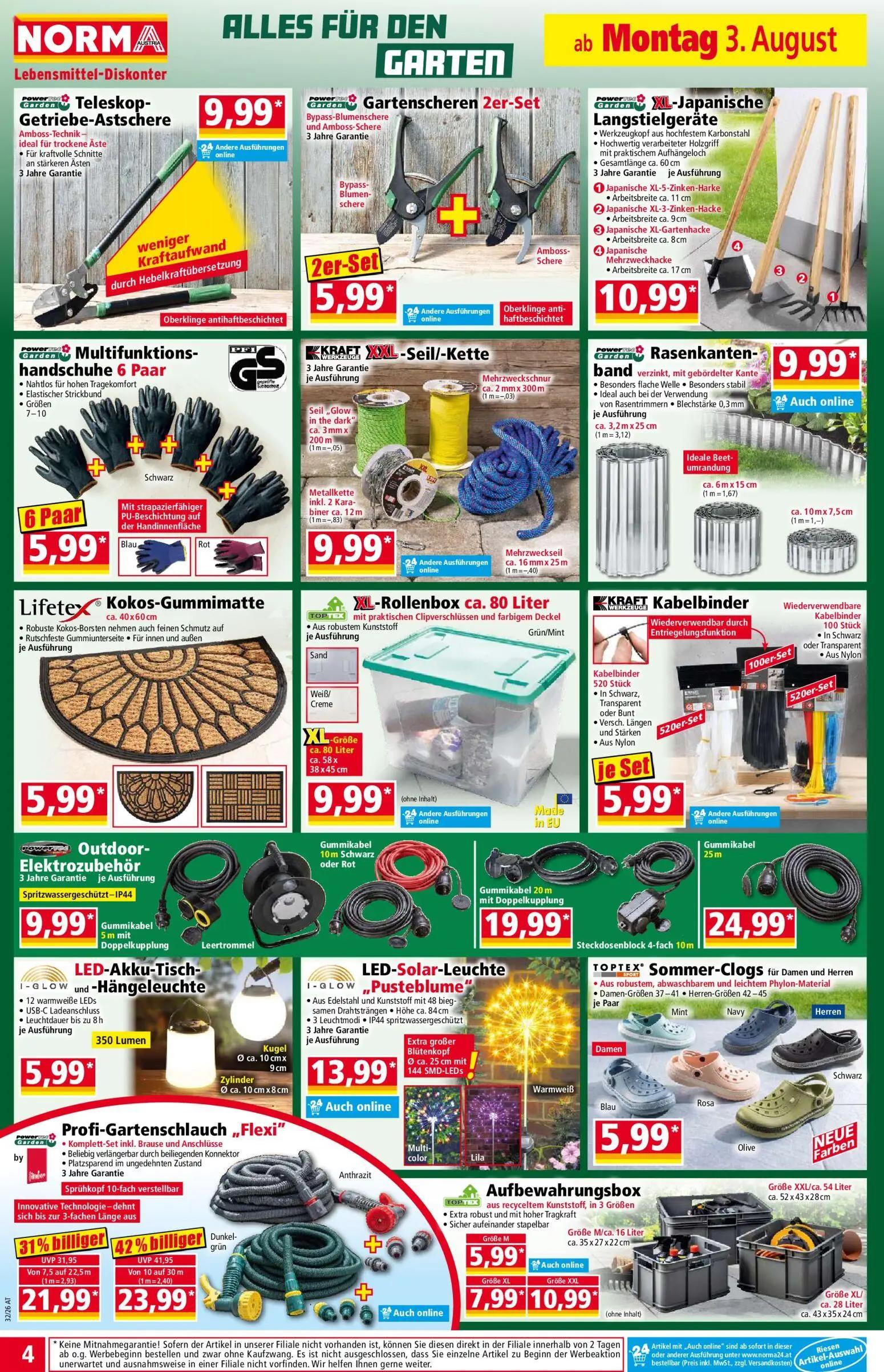 Norma Prospekt, Seite 4 von 18 — Outdoor-Elektrozubehör, Profi-Gartenschlauch „Flexi", Aufbewahrungsbox
