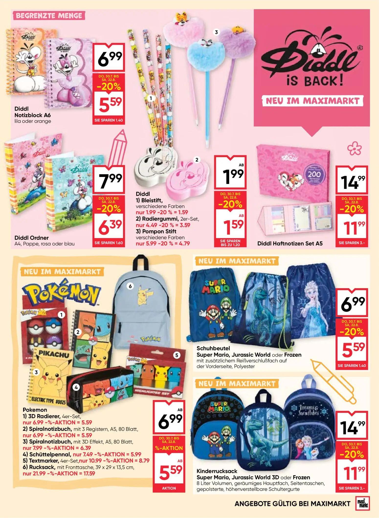 Maximarkt Prospekt, Seite 5 von 8 — Pokemon 6) Rucksack, mit Fronttasche, 39 x 29 x 13,5 cm, Diddl Haftnotizen Set A5, Kinde…