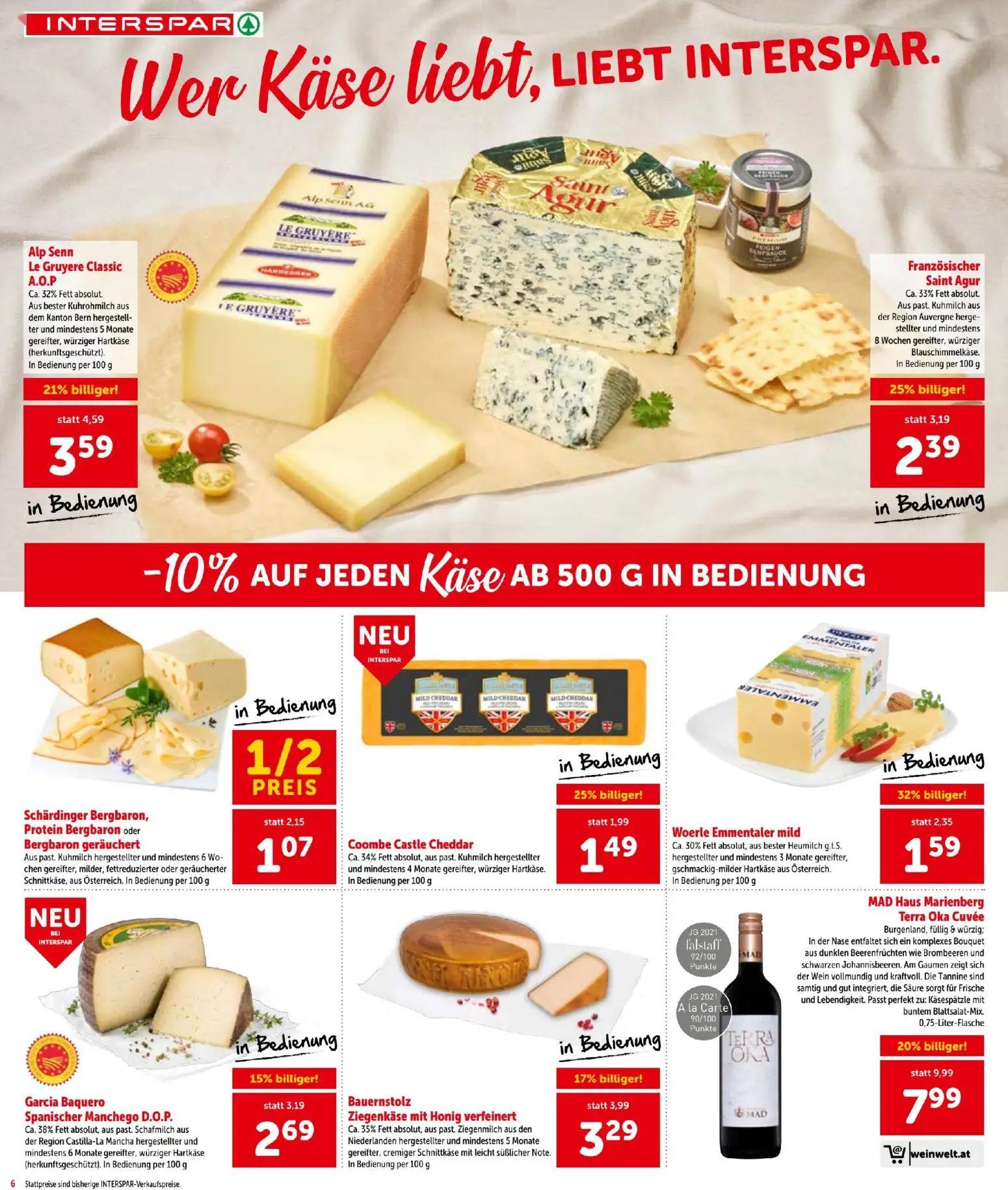 Interspar Prospekt, Seite 6 von 16 — Schärdinger Bergbaron, Protein Bergbaron oder Bergbaron geräuchert, Alp Senn Le Gruyere…