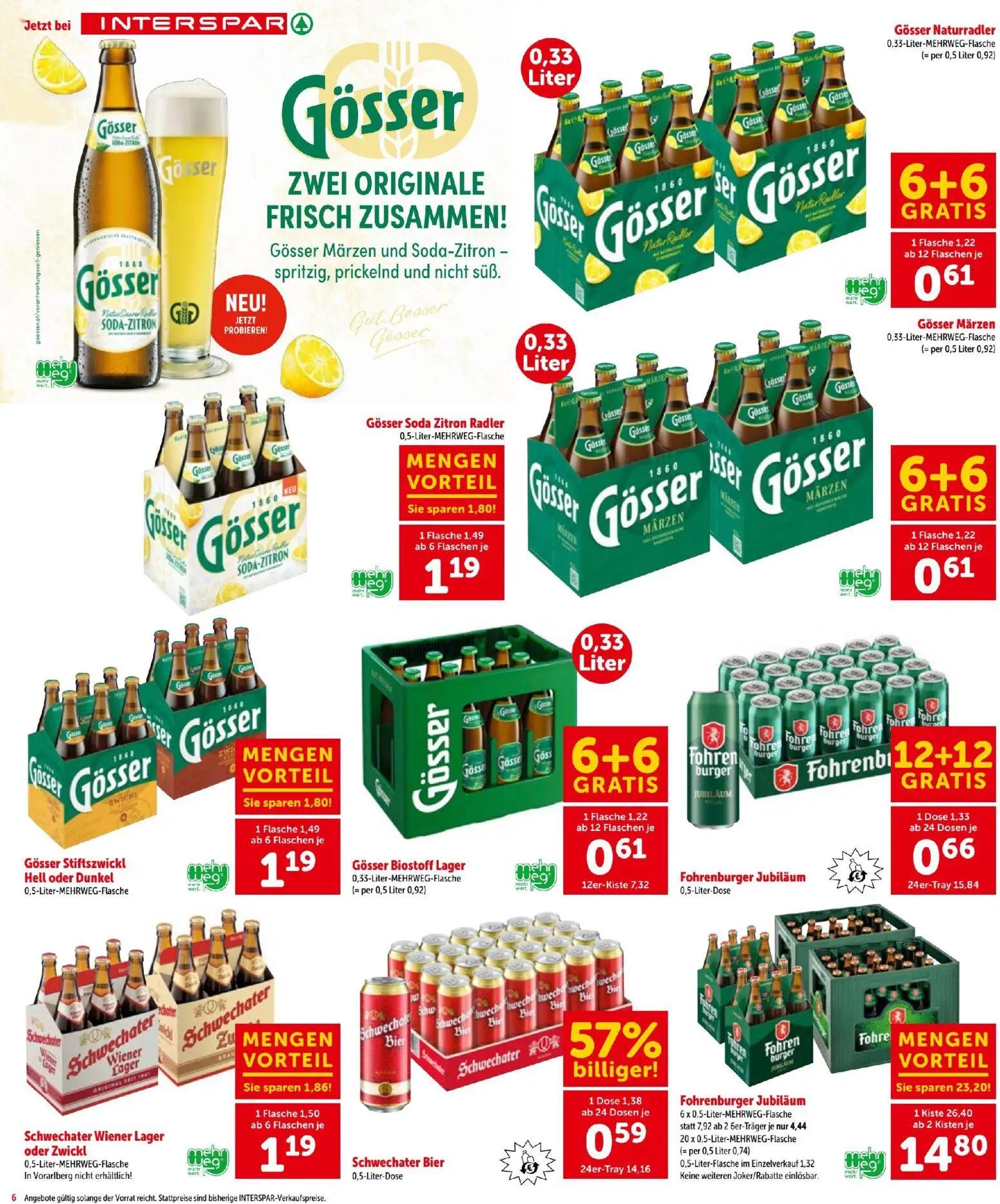Interspar Prospekt, Seite 6 von 16 — Gösser Soda Zitron Radler, Gösser Stiftszwickl Hell oder Dunkel, Gösser Naturradler