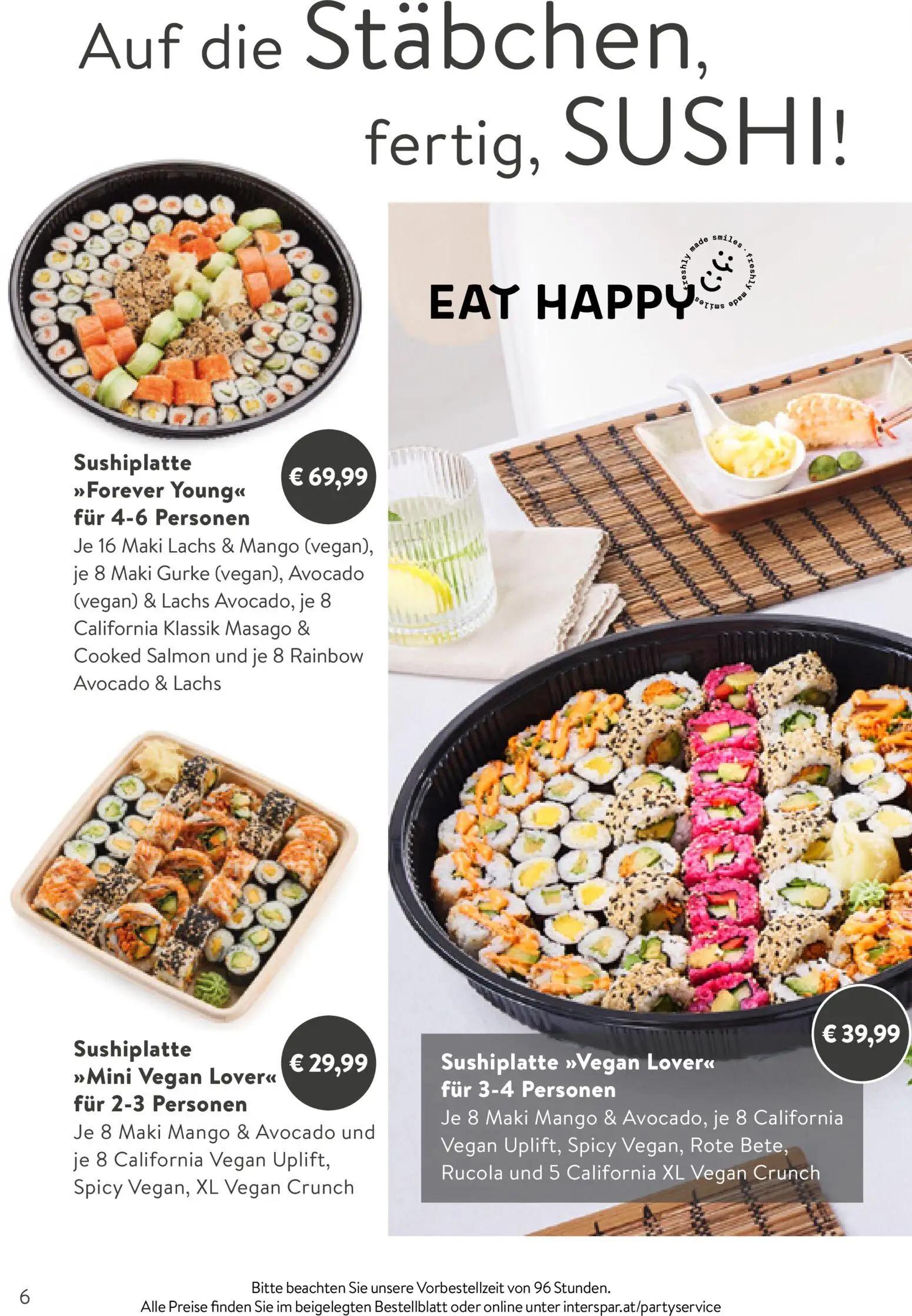 Interspar Prospekt, Seite 6 von 24 — Sushiplatte „Forever Young“, Sushiplatte „Mini Vegan Lover“, Sushiplatte „Vegan Lover“