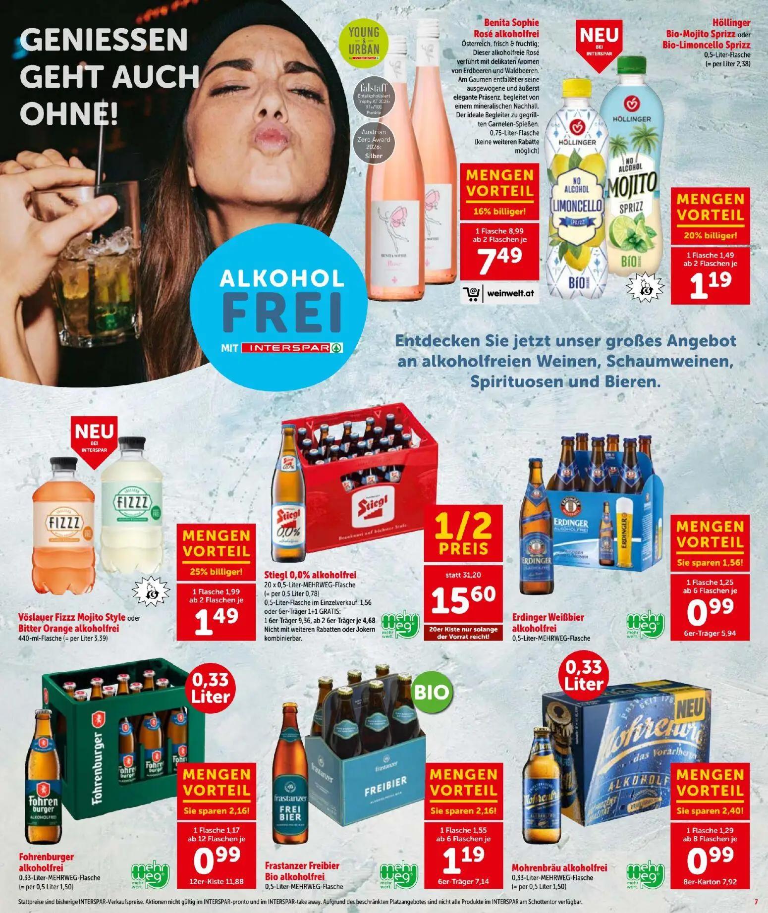 Interspar Prospekt, Seite 7 von 16 — Stiegl 0,0% alkoholfrei, Benita Sophie Rosé alkoholfrei, Vöslauer Fizzz Mojito Style od…