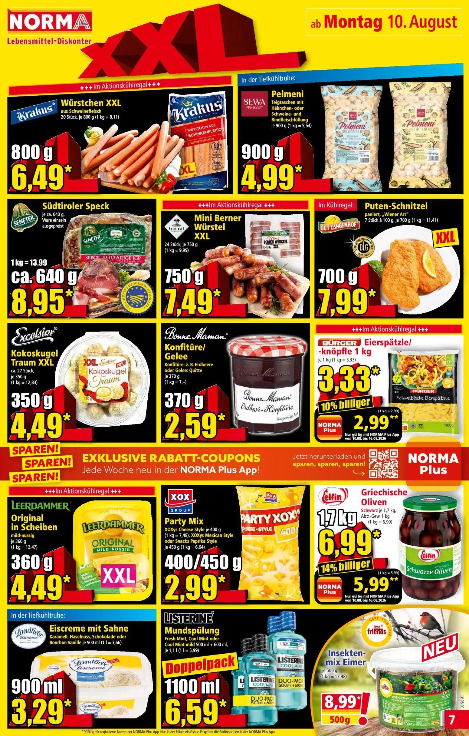 Norma Prospekt, Seite 7 von 18 — Griechische Oliven, BÜRGER Eierspätzle/-knöpfle 1 kg, Krakus Würstchen XXL