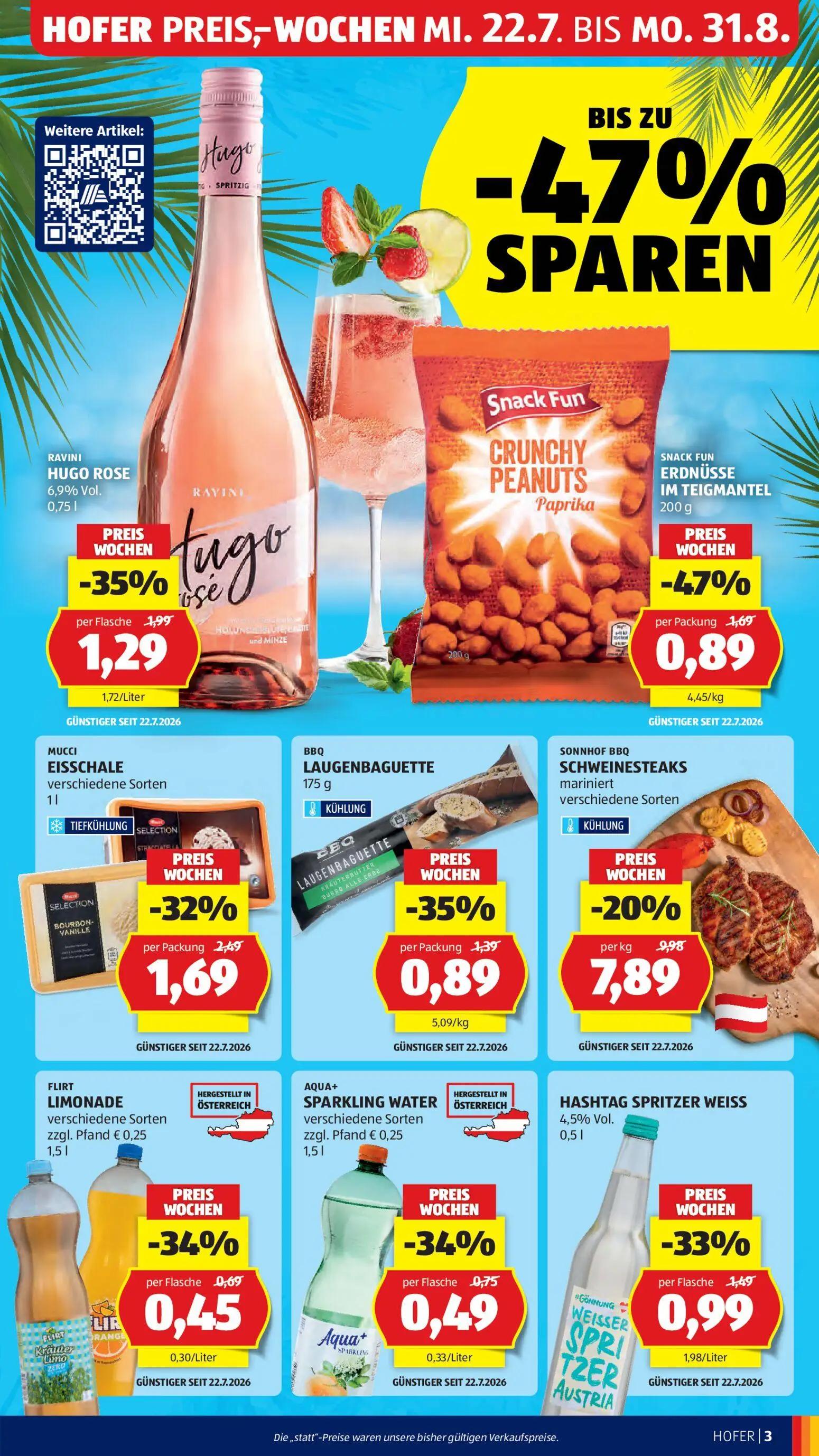 Hofer Prospekt, Seite 5 von 47 — SONNHOF BBQ SCHWEINESTEAKS, SNACK FUN ERDNÜSSE IM TEIGMANTEL, MUCCI EISSCHALE