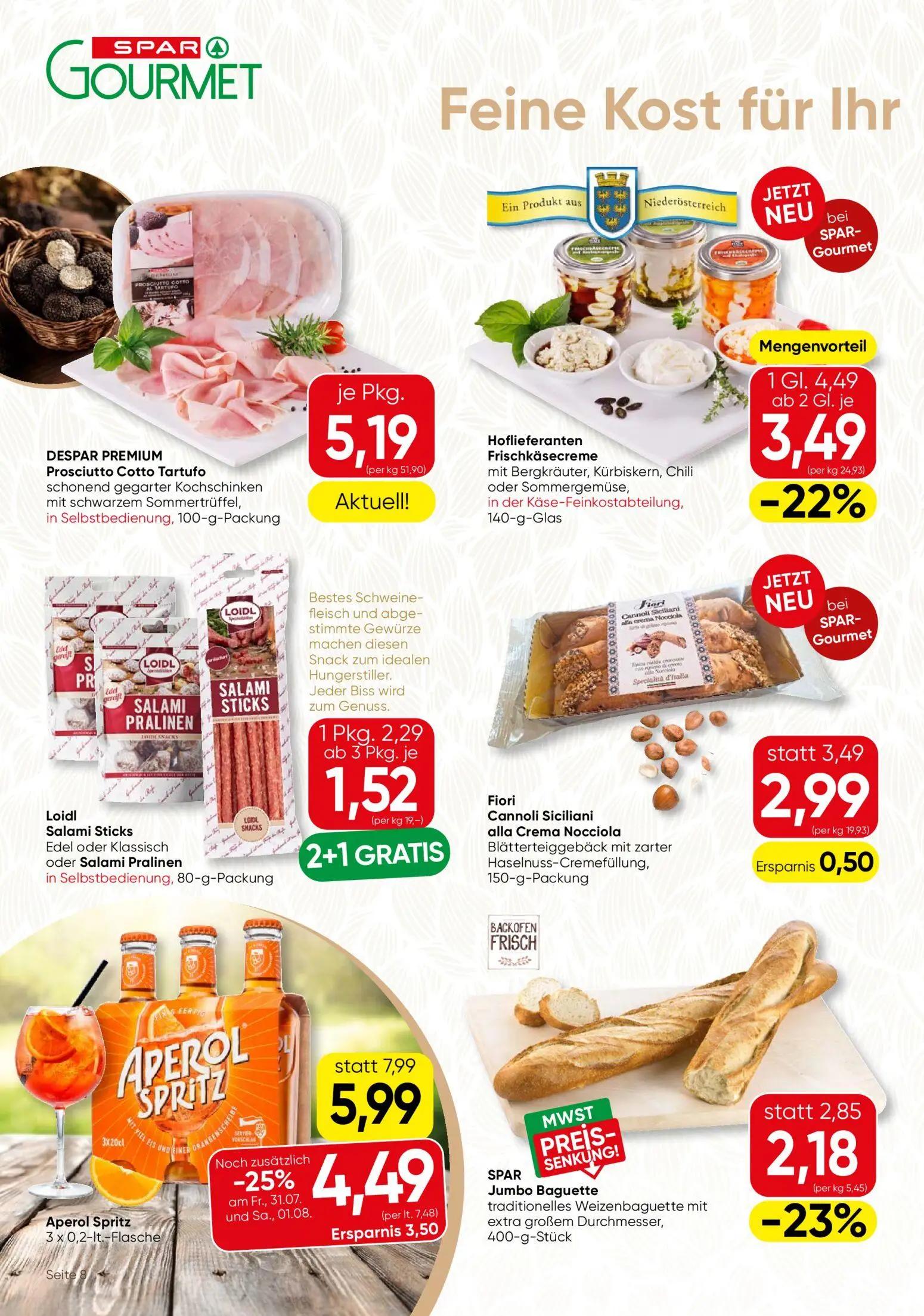 Spar Gourmet Prospekt, Seite 8 von 12 — Aperol Spritz, Hoflieferanten Frischkäsecreme, Loidl Salami Sticks